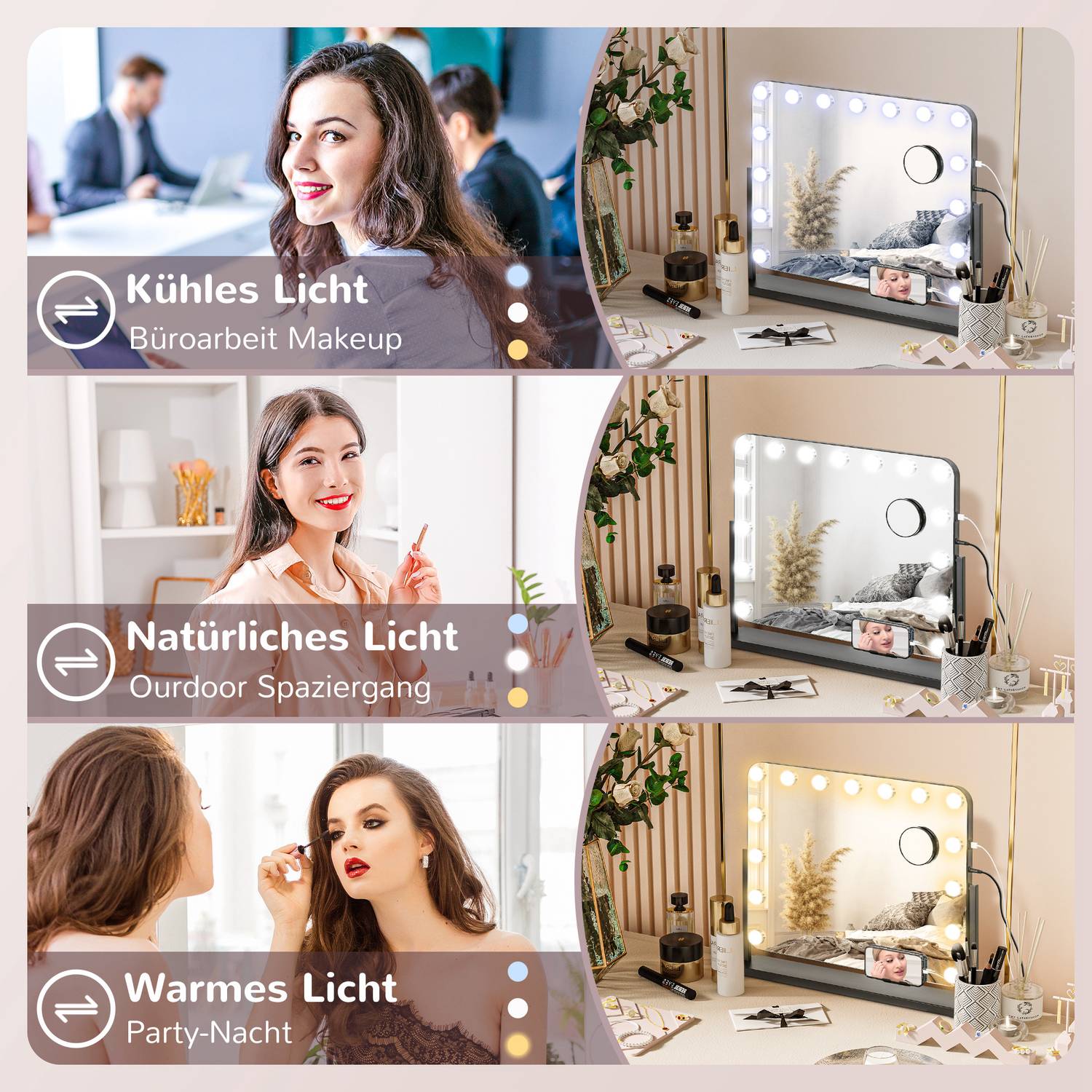 Hollywood make-upspiegel met verlichting, 15 LED's, zwart, 3 standen