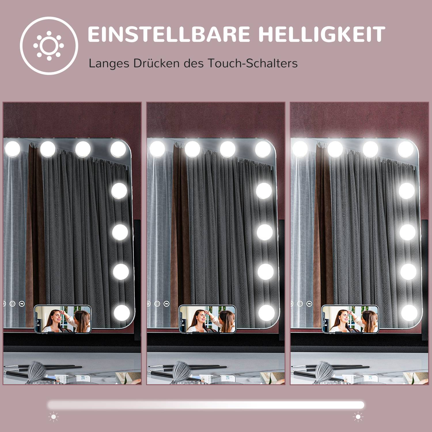 Hollywood make-upspiegel met verlichting, 15 LED's, zwart, 3 standen