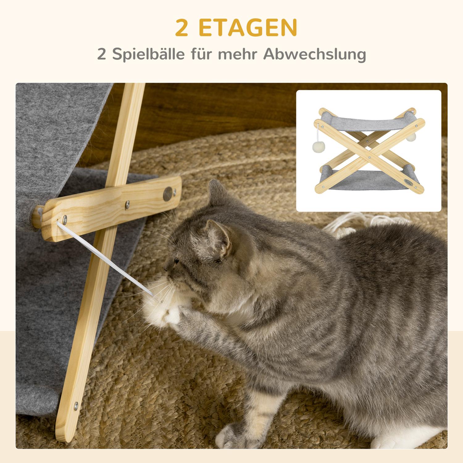 Opvouwbaar kattenbed van grenen met 2 verdiepingen en speelbal