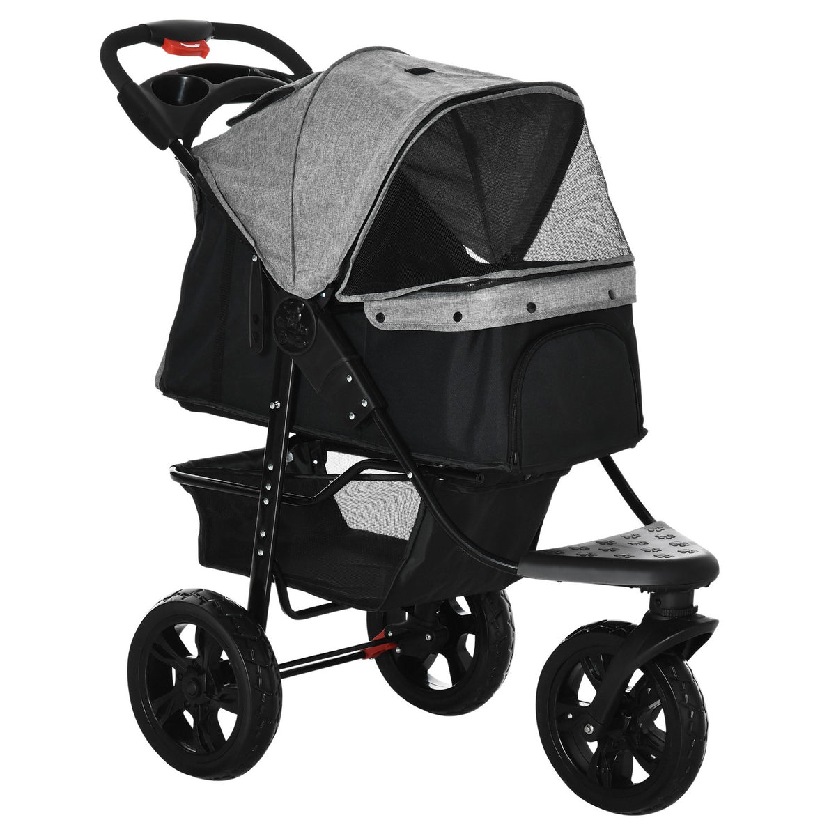 Opvouwbare 3-wielige huisdierenbuggy, grijs/zwart, voor honden en katten