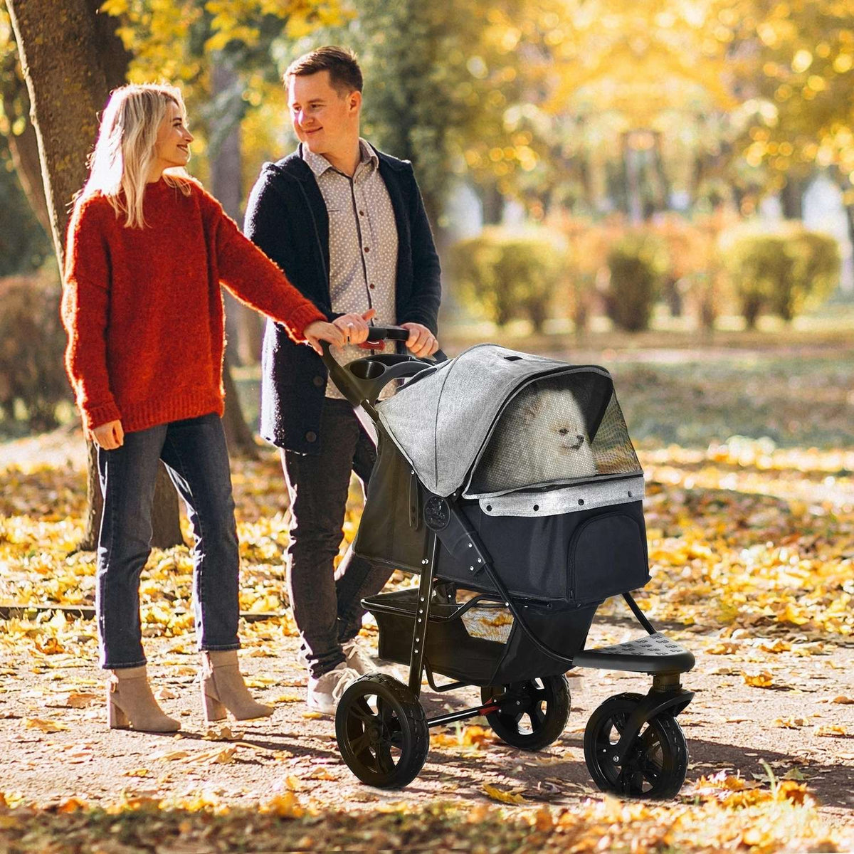 Opvouwbare 3-wielige huisdierenbuggy, grijs/zwart, voor honden en katten