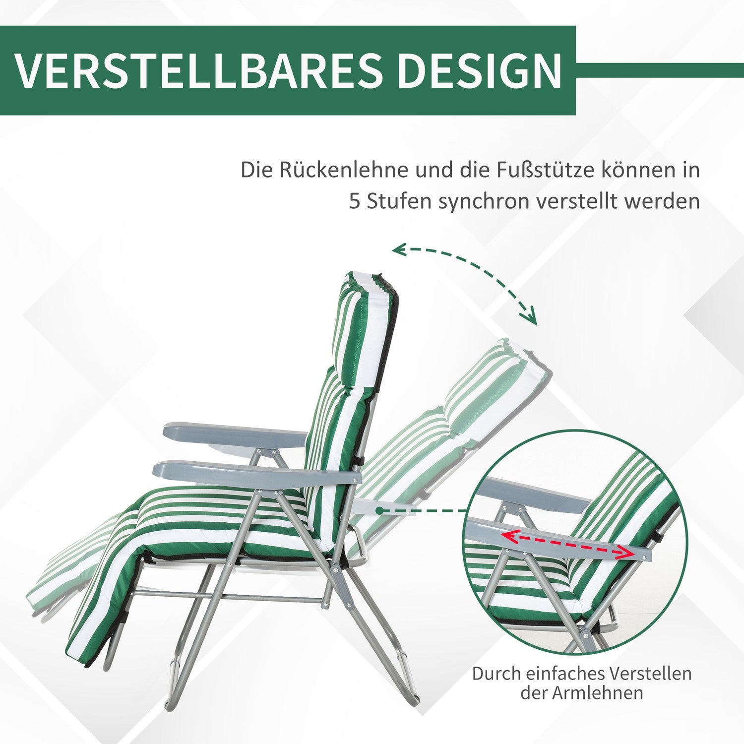 Opvouwbare tuinstoelen, verstelbare ligstoel met kussens