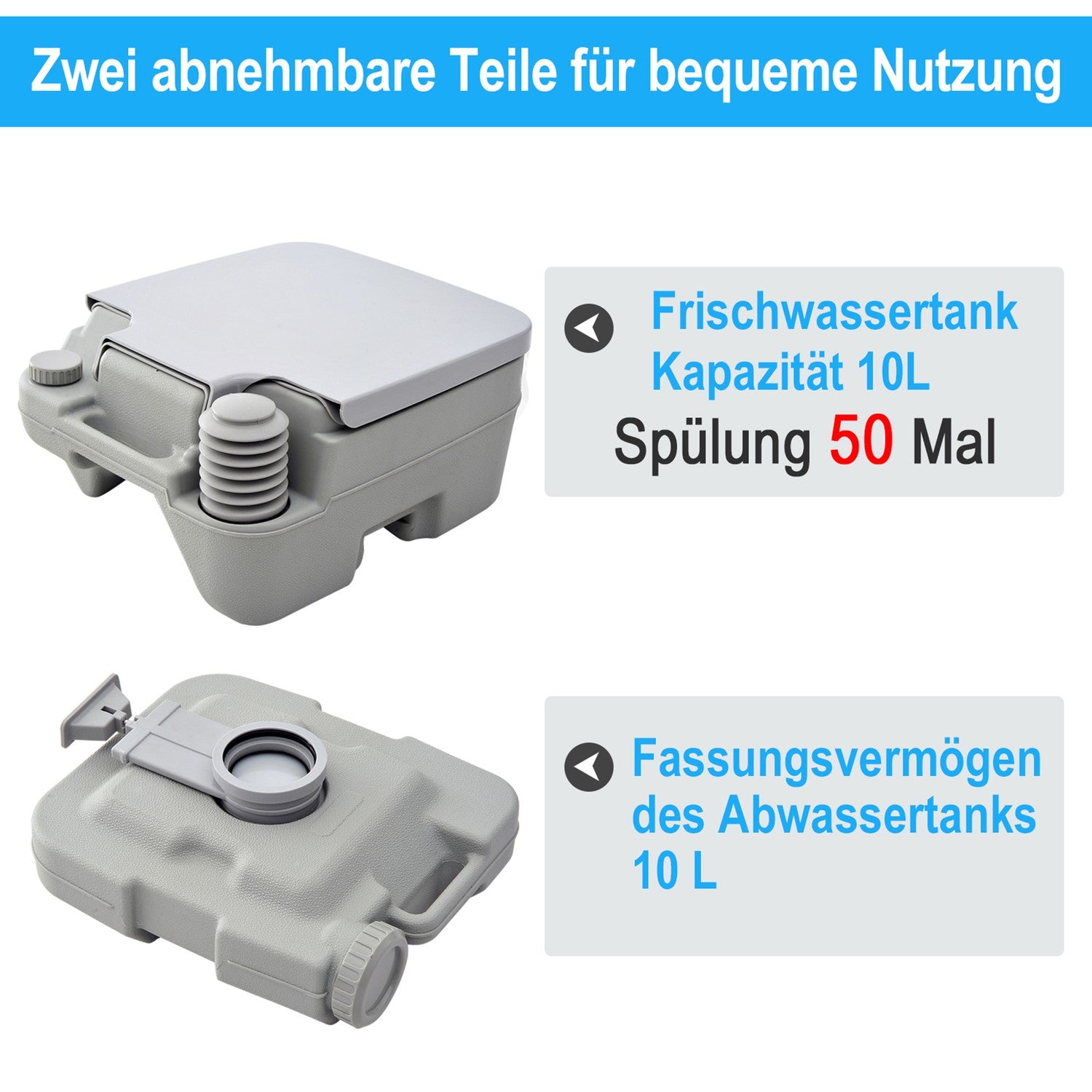 Opvouwbaar campingtoilet, 200kg draagvermogen, 10L, Grijs