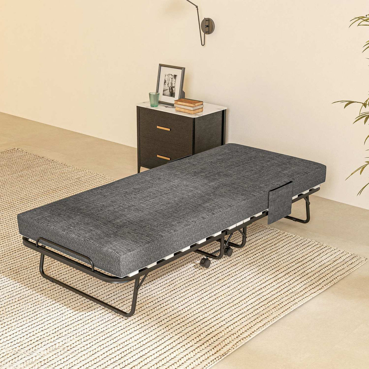 Opklapbaar logeerbed met wielen, 10 cm matras, donkergrijs