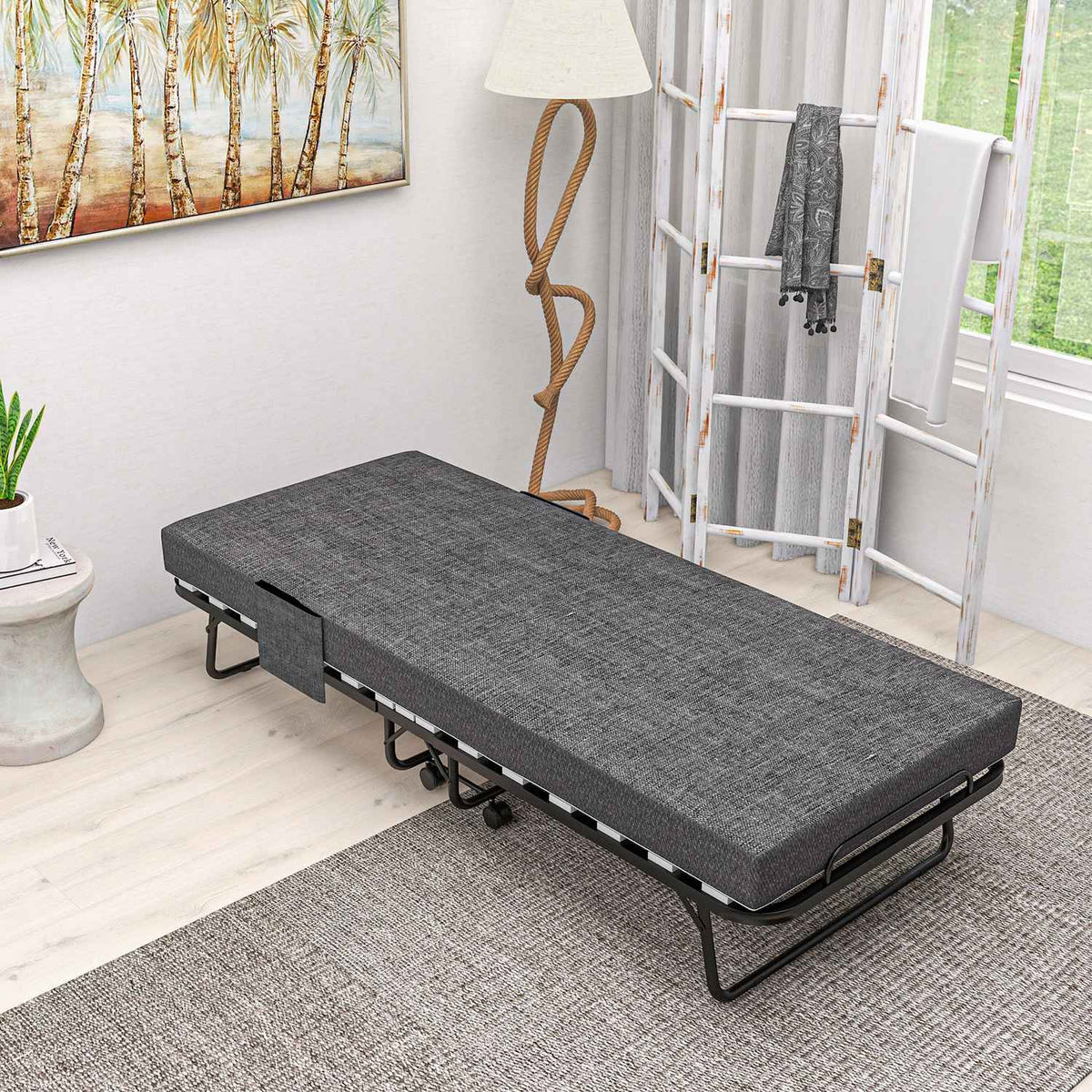 Opklapbaar logeerbed met wielen, 10 cm matras, donkergrijs