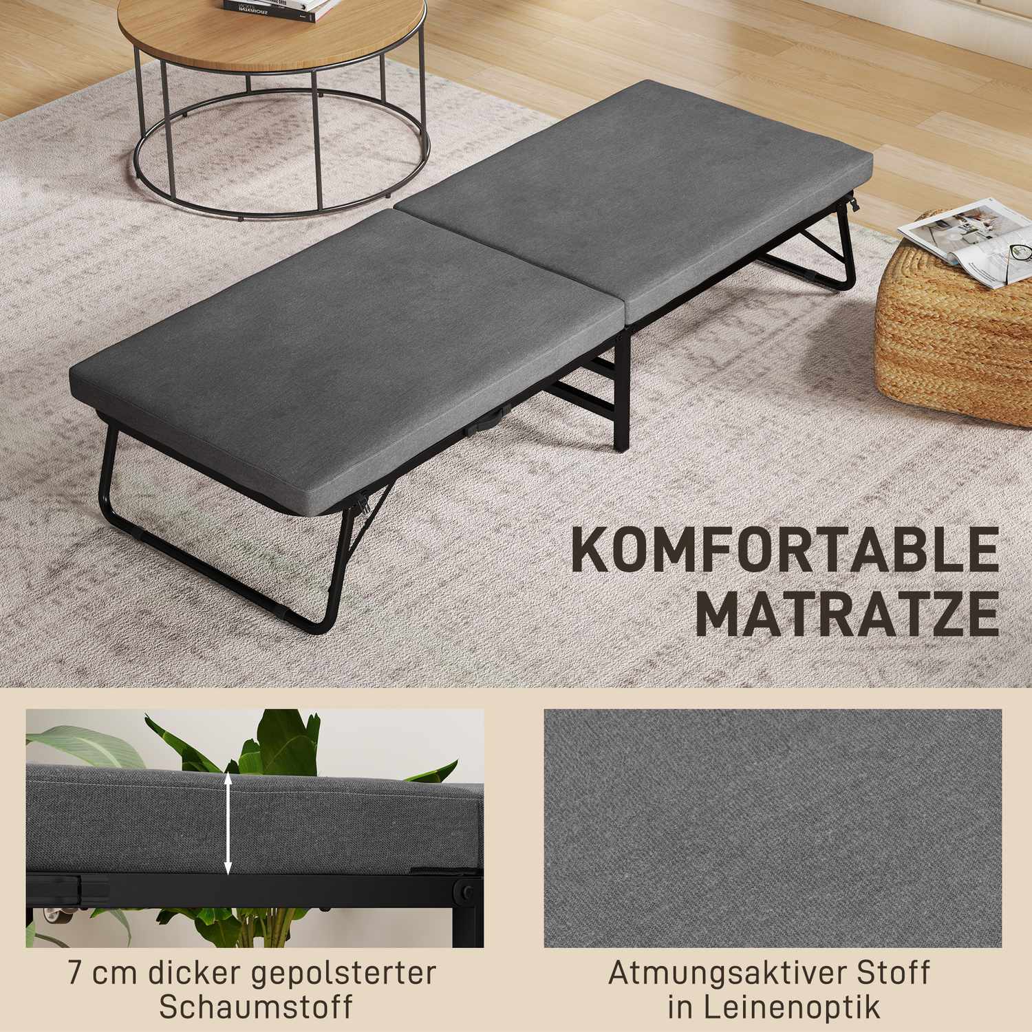 Opvouwbaar logeerbed met schuimmatras, metalen frame, donkergrijs