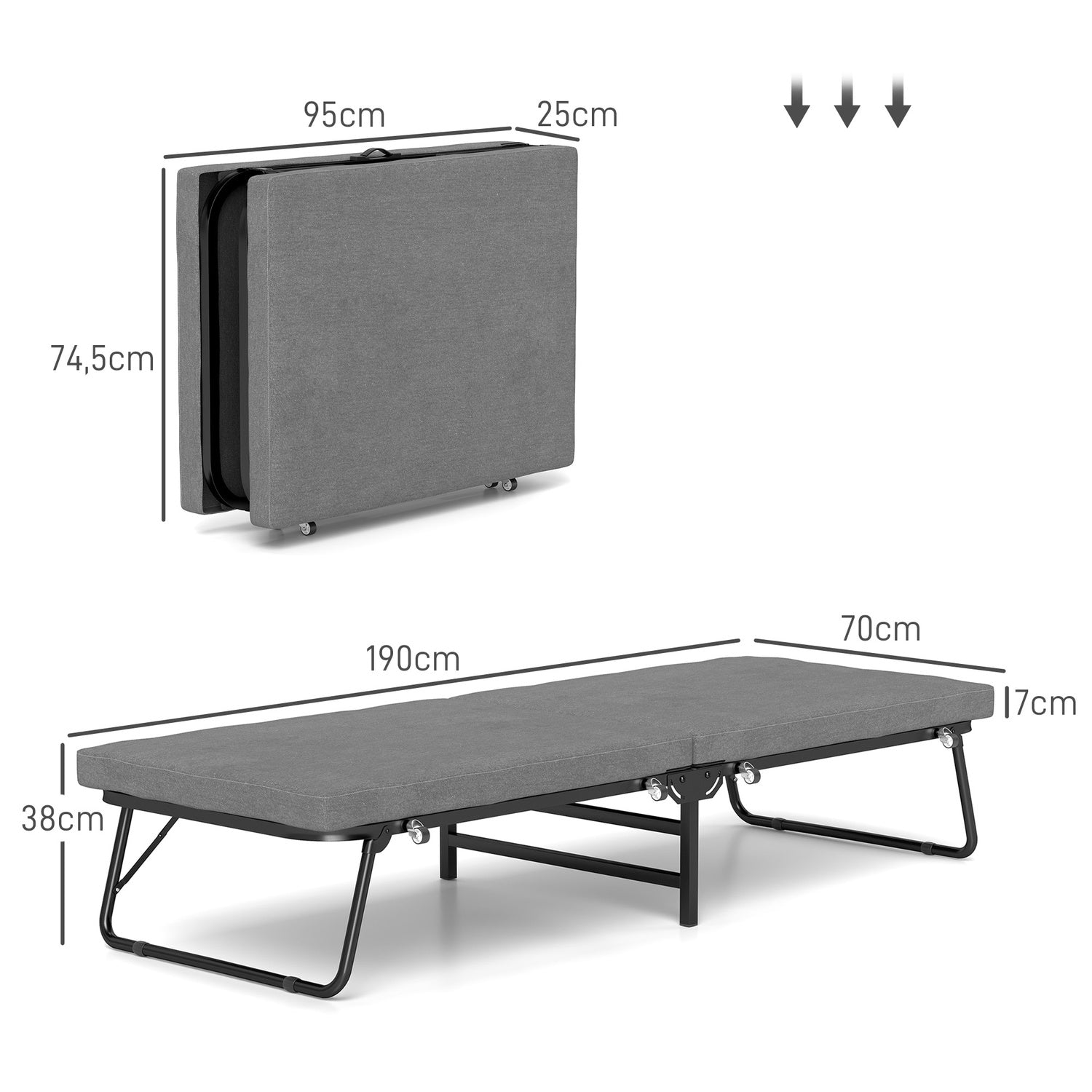 Opvouwbaar logeerbed met schuimmatras, metalen frame, donkergrijs