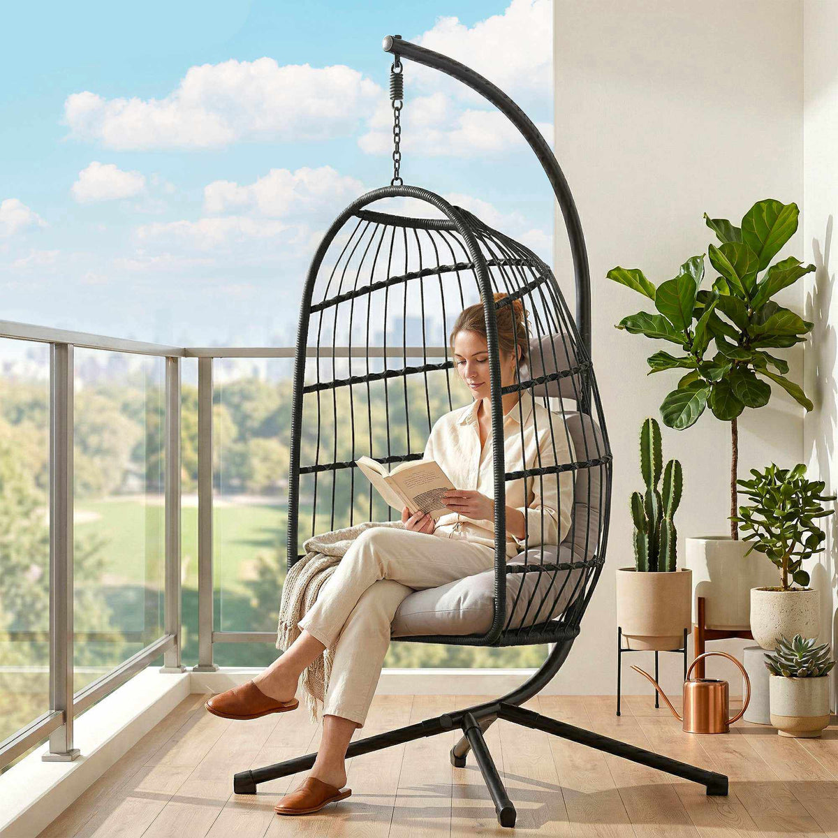 Opvouwbare hangstoel van polyrattan met standaard en kussens
