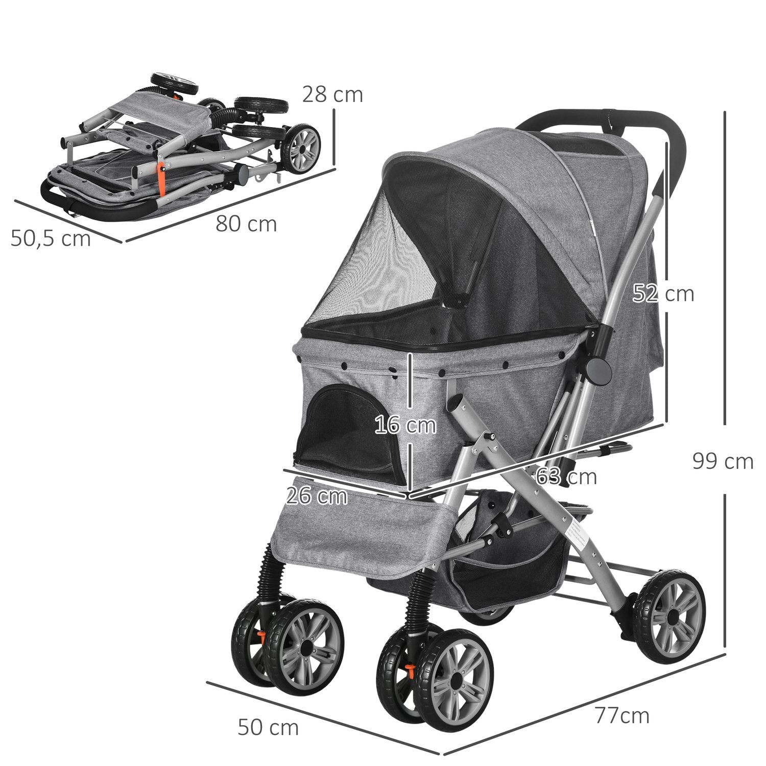 Opvouwbare hondenbuggy met gaasvensters en opbergmand
