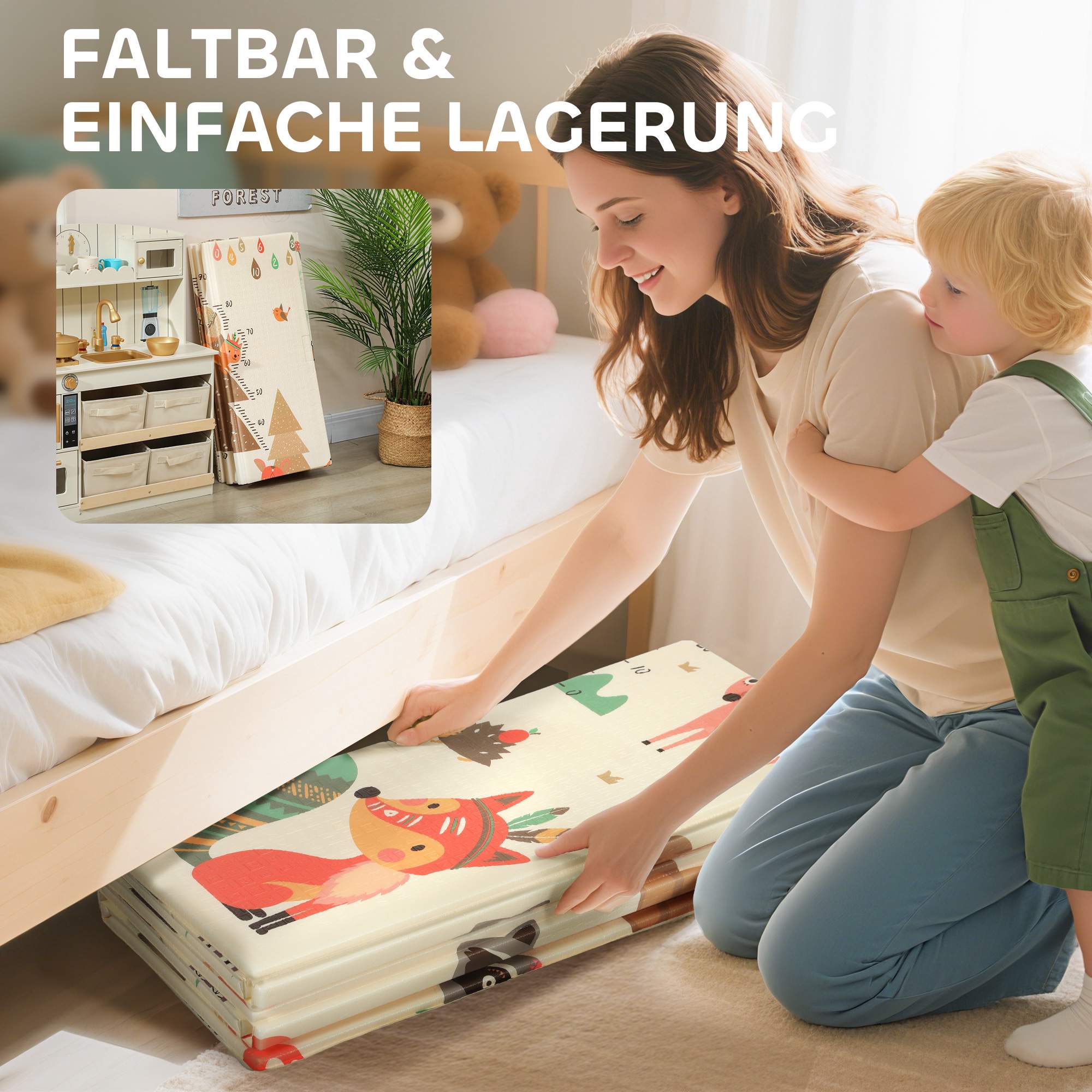 Hopfällbar lekmatta för baby, dubbelsidig, 196x176x1,5 cm