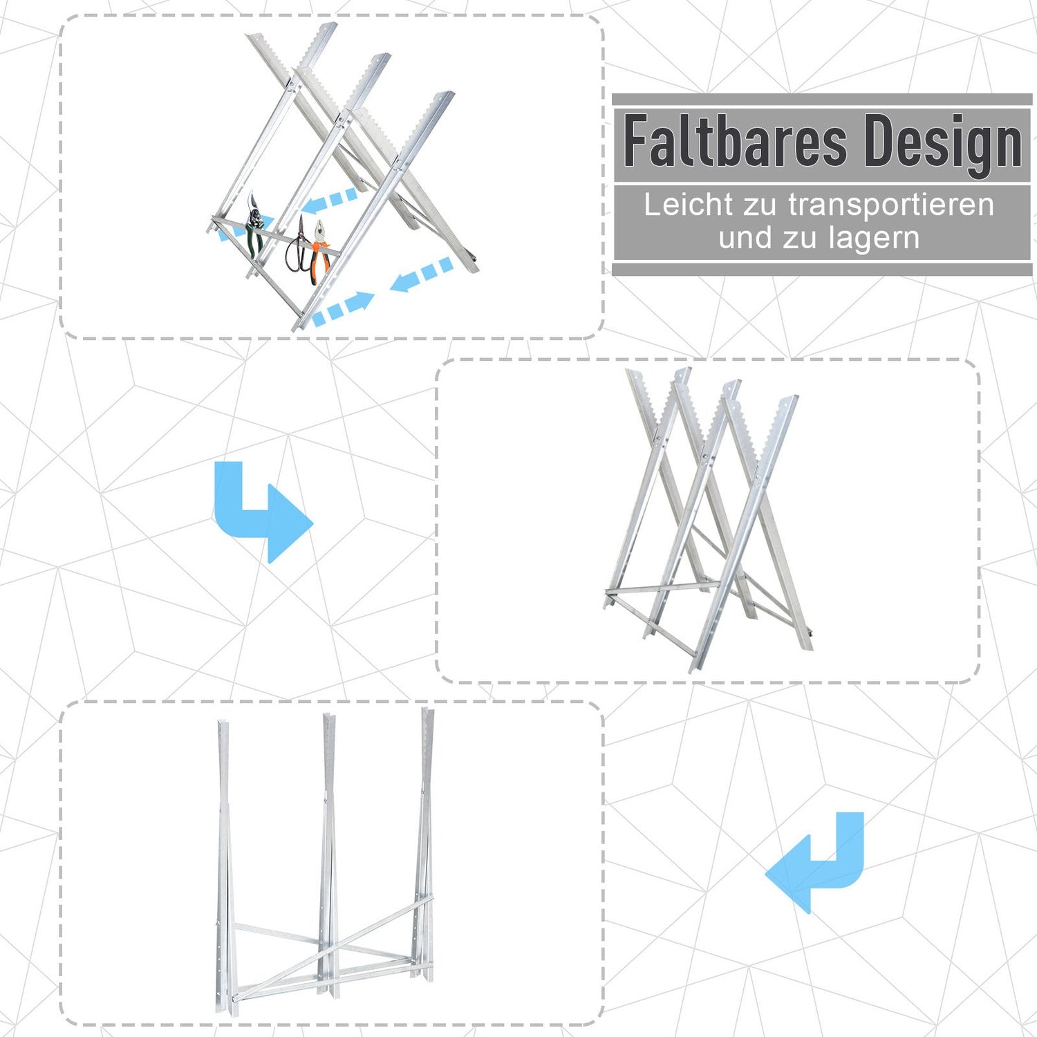 Hopfällbar silvermetallsåg för ved – 83x83x79 cm