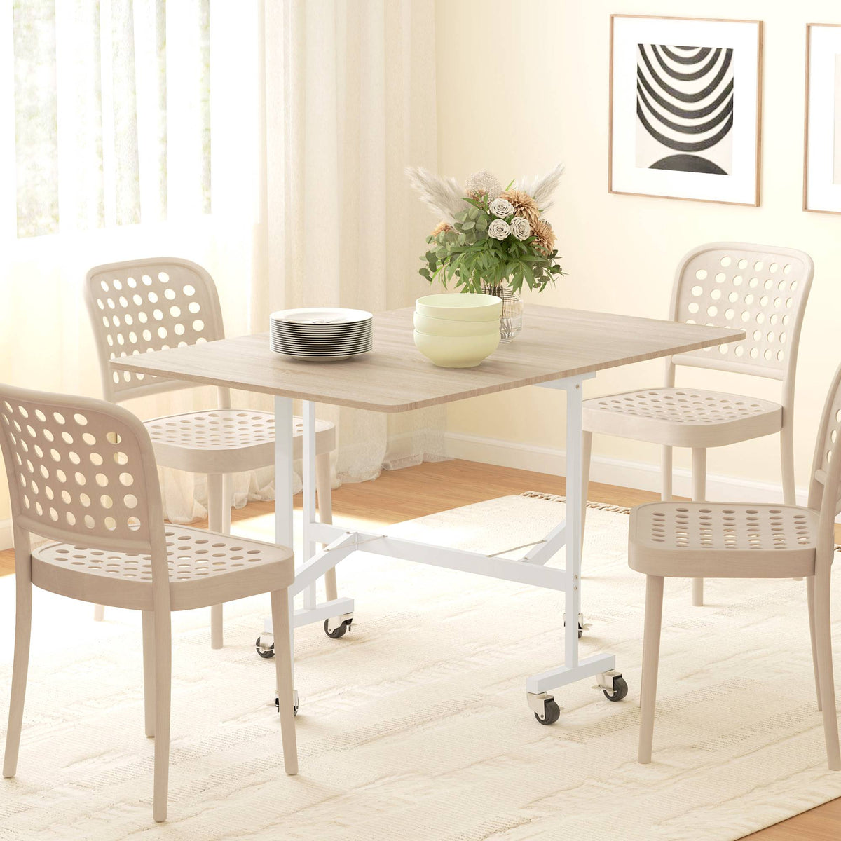 Opklapbare eettafel voor 6 personen, eiken, 6 vergrendelbare wielen