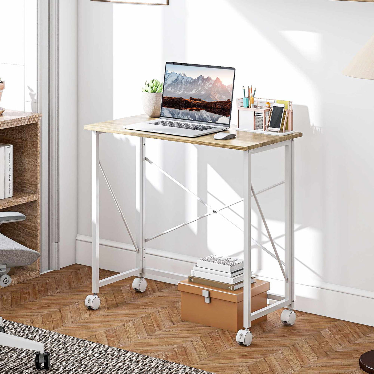 Opklapbaar bureau met wielen, ruimtebesparend, staal en MDF, naturel