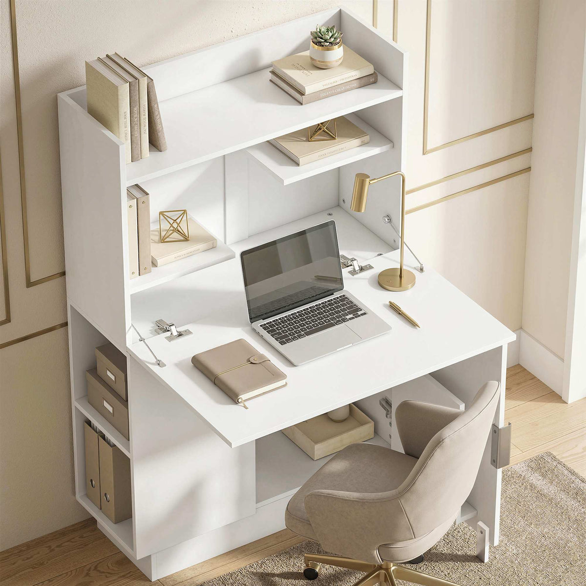 Opklapbaar bureau met planken en kast, 128 cm, wit