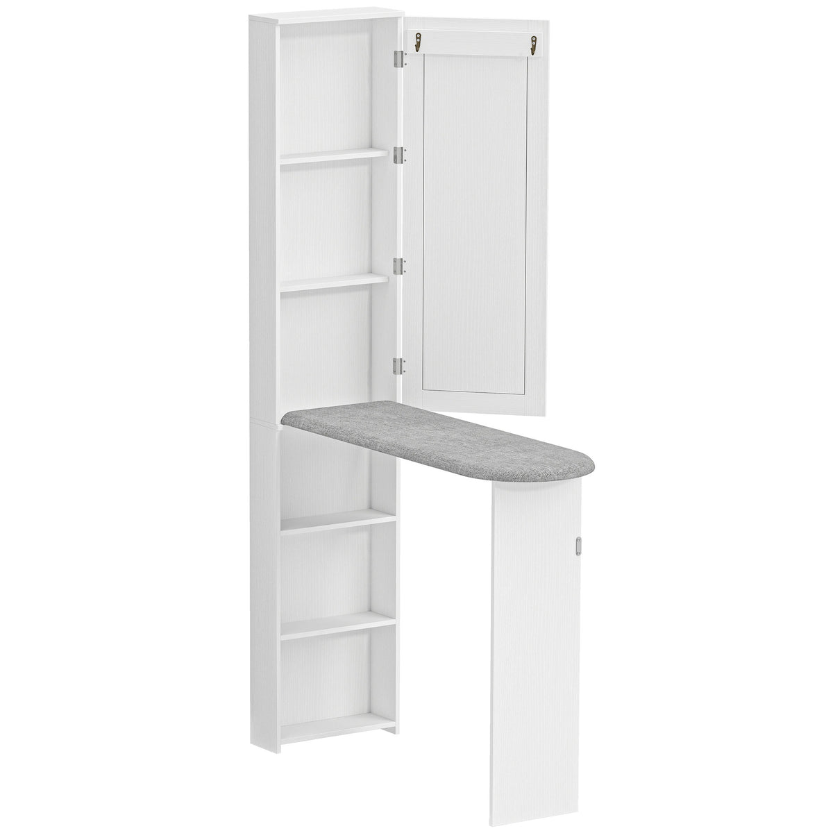 Opvouwbare strijkplankkast met spiegel en planken, wit
