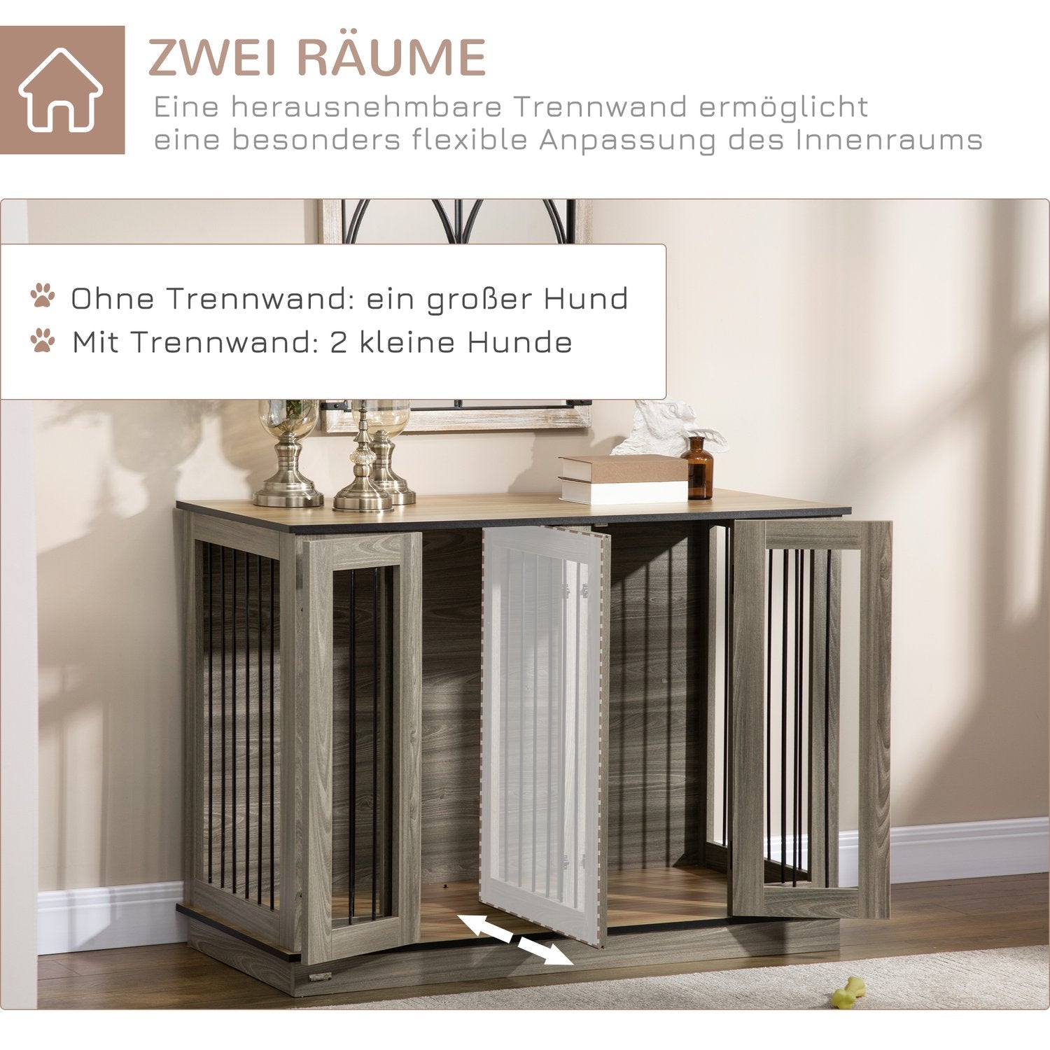 Hondenbench met verdeler, donker walnoot & eiken, 120x60x88,5 cm
