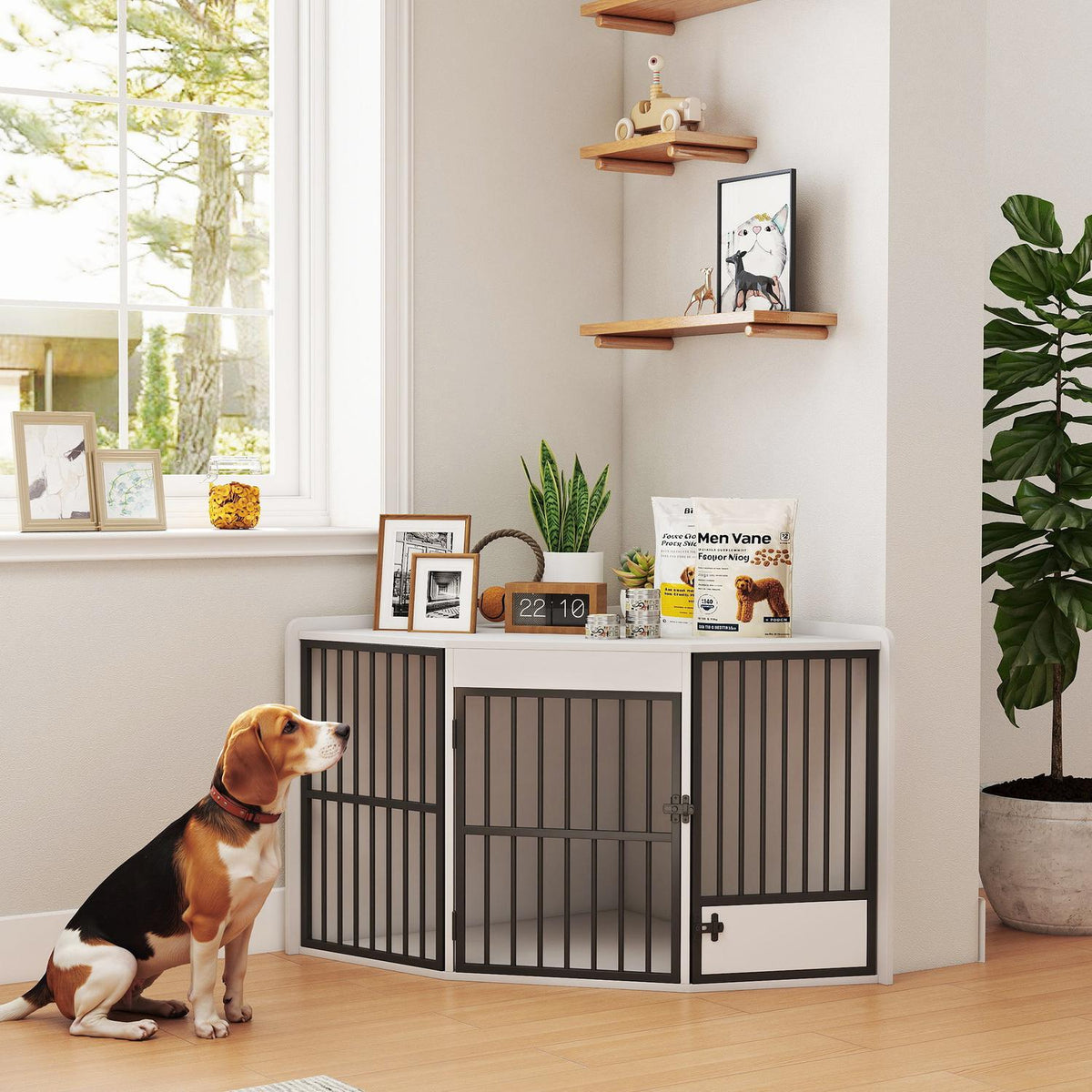Hundbur med matningslucka, MDF och metall, vit