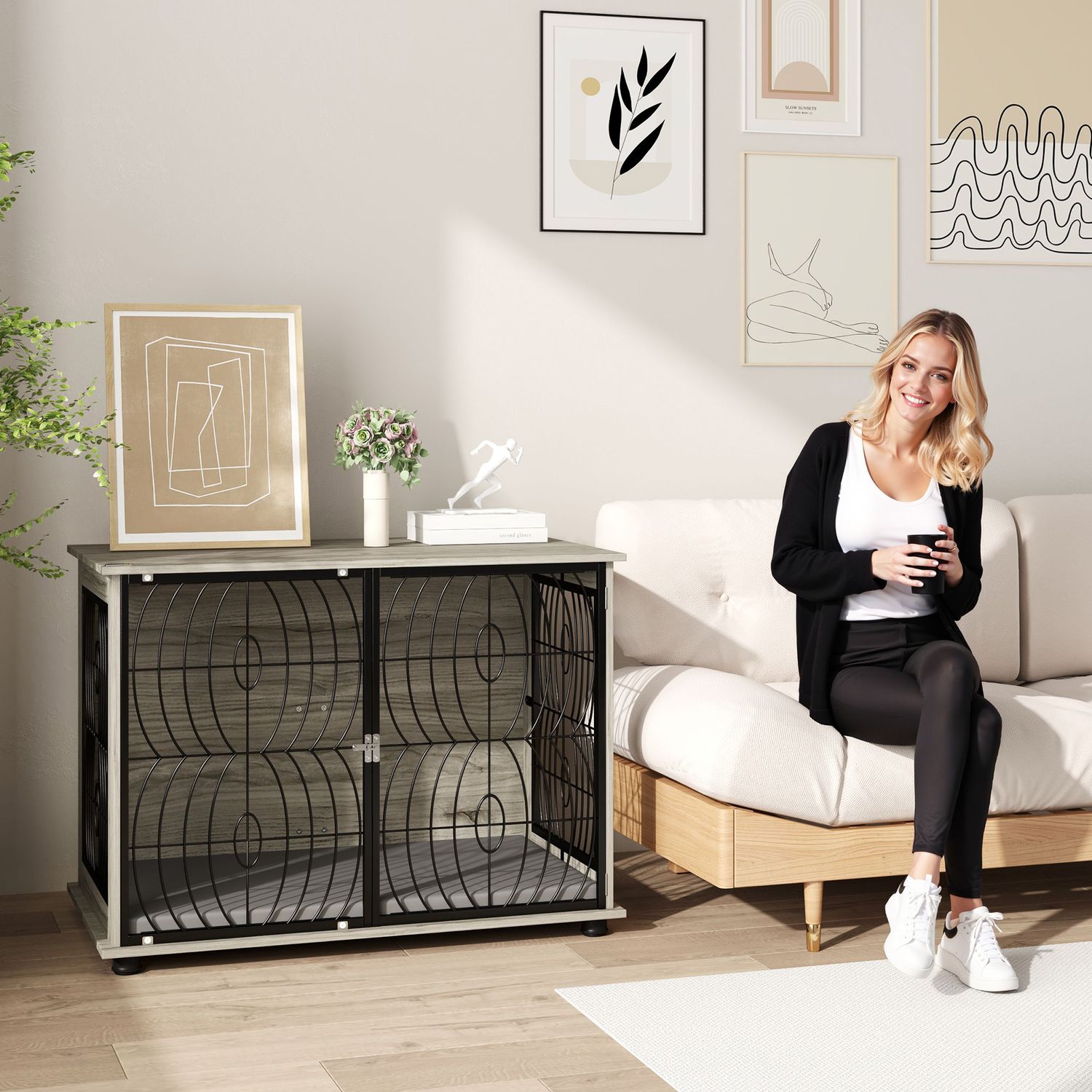 Hundebox Indoor mit Kissen und Fenster – gross, grau