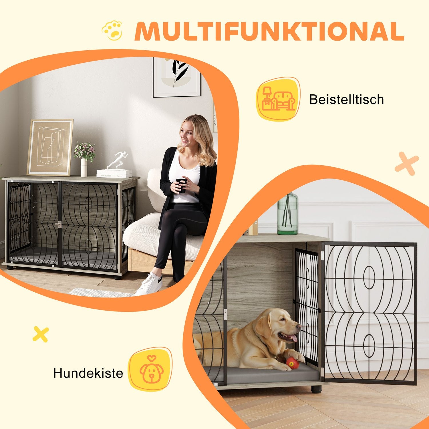 Hundebox Indoor mit Kissen und Fenster – gross, grau