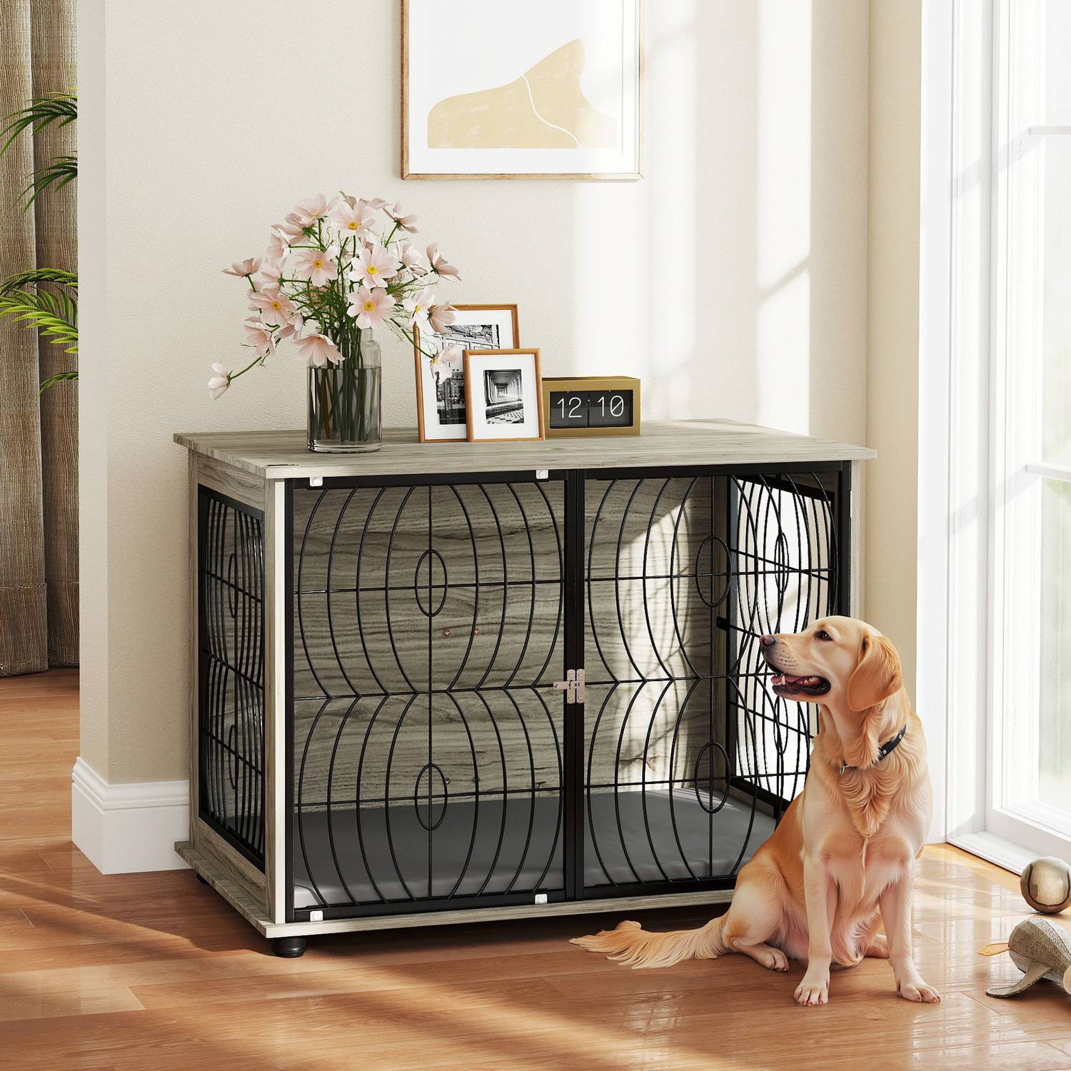 Hundebox Indoor mit Kissen und Fenster – gross, grau
