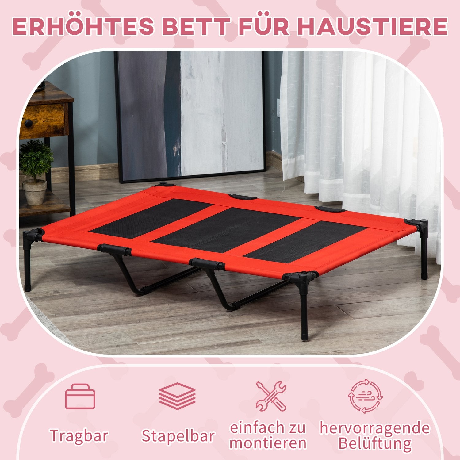 Hondenbed van metaal – groot, rood, Oxford-stof