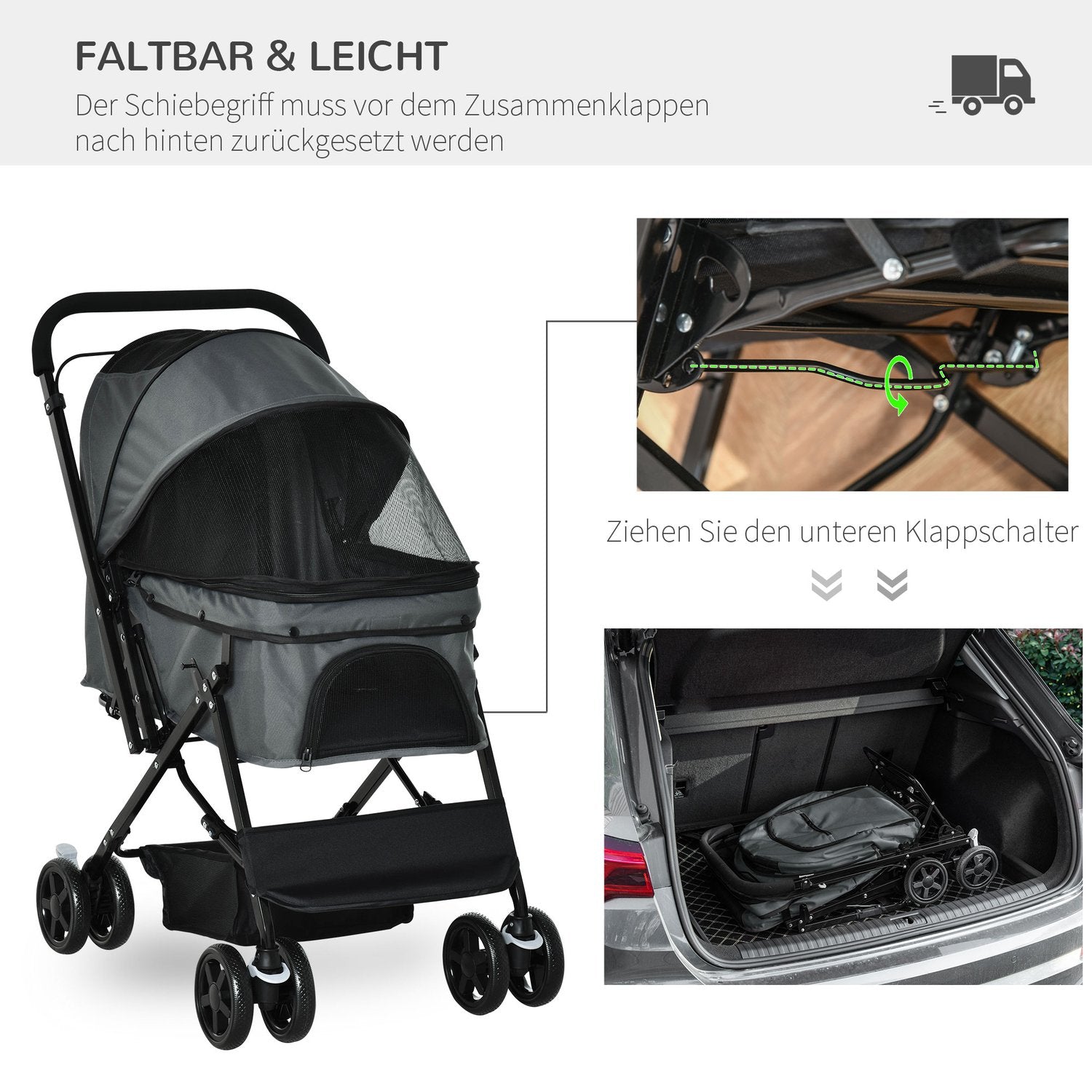 Hondenbuggy, Huisdierbuggy voor kleine huisdieren, donkergrijs Oxford 76,5 cm