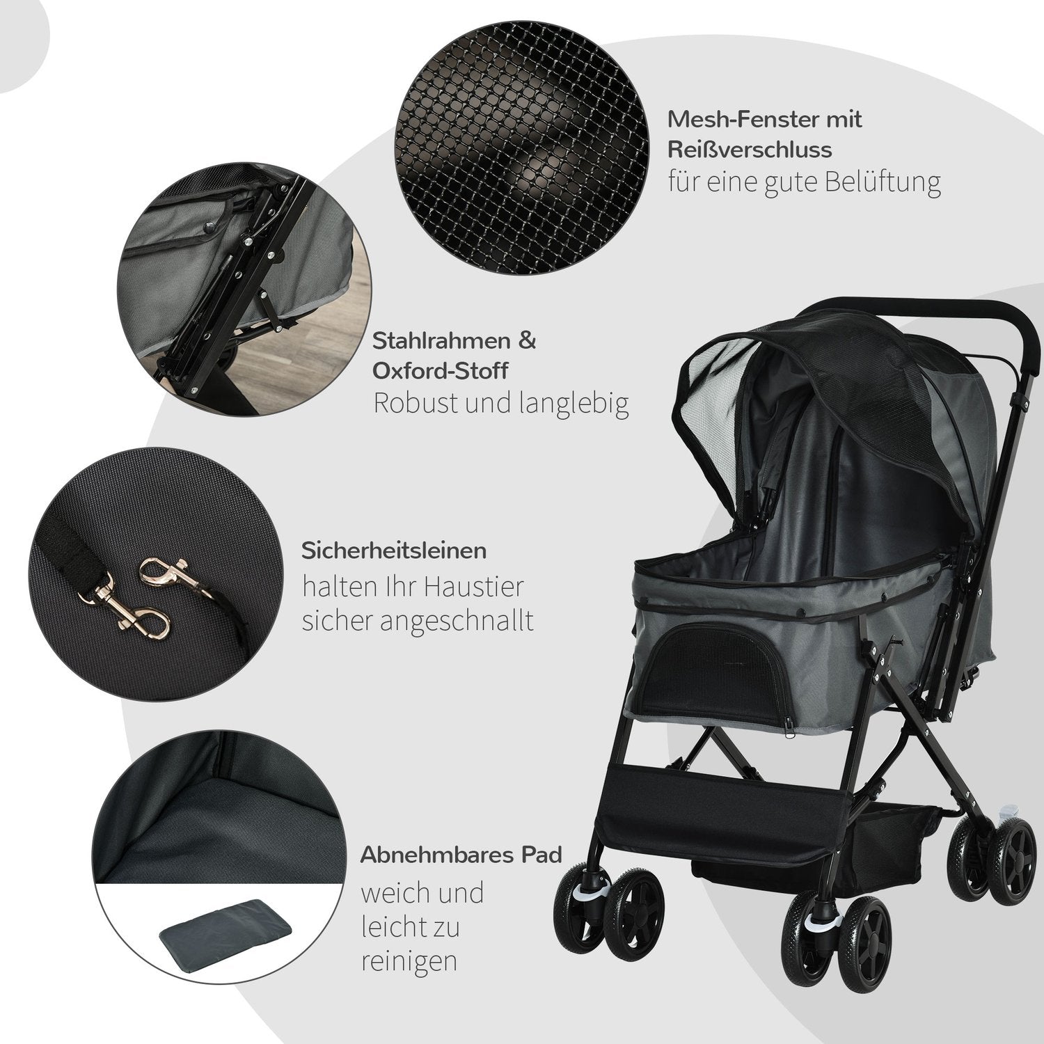 Hondenbuggy, Huisdierbuggy voor kleine huisdieren, donkergrijs Oxford 76,5 cm