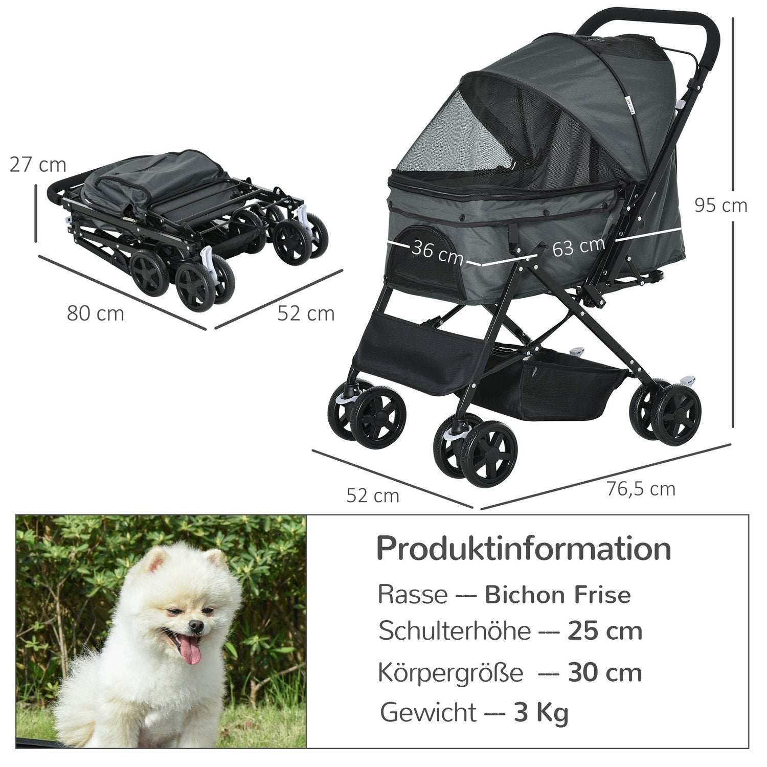 Hondenbuggy, Huisdierbuggy voor kleine huisdieren, donkergrijs Oxford 76,5 cm
