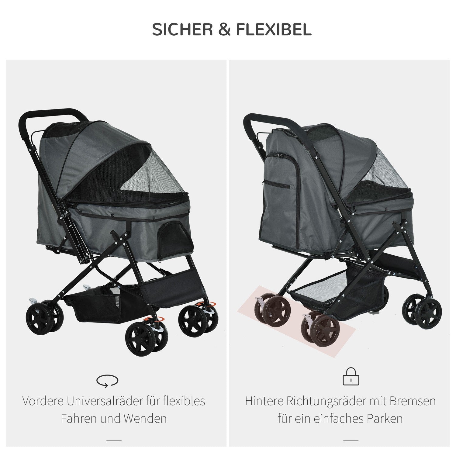 Hondenbuggy, Huisdierbuggy voor kleine huisdieren, donkergrijs Oxford 76,5 cm
