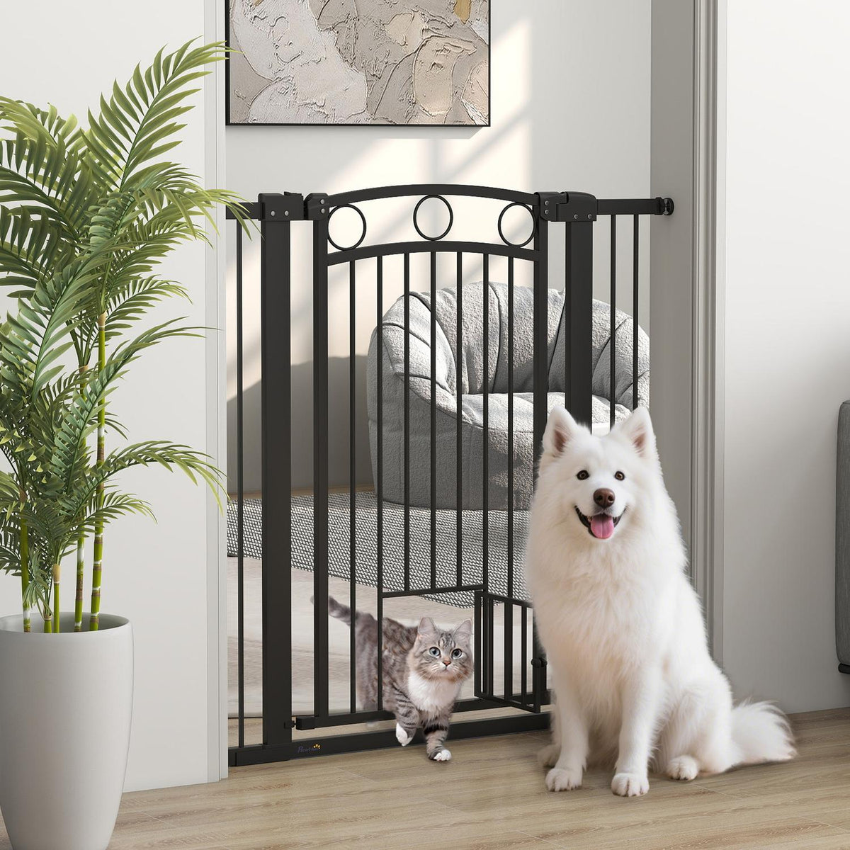Huisdierenhek 106 cm, verstelbare breedte, kattenluik, zwart