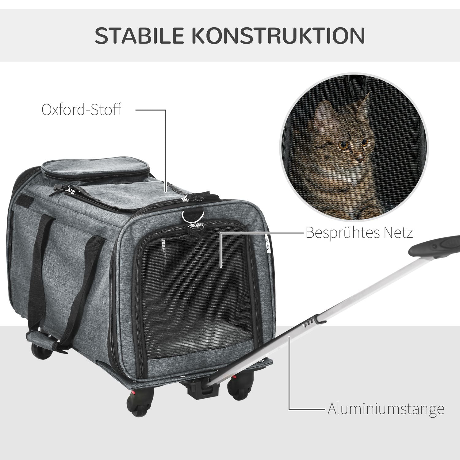 Dierenvervoerswagen – 3-in-1, telescopische handgreep, grijs