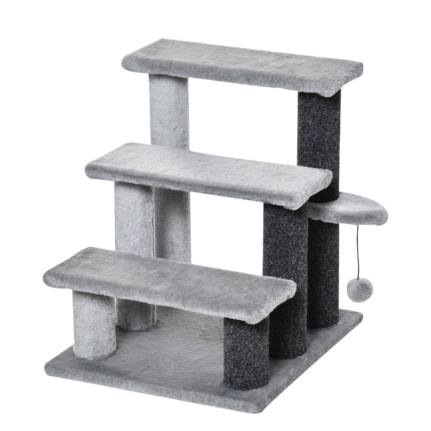 Huisdierentrap, 3 treden met speelbal, pluche grijs 45x40x48cm