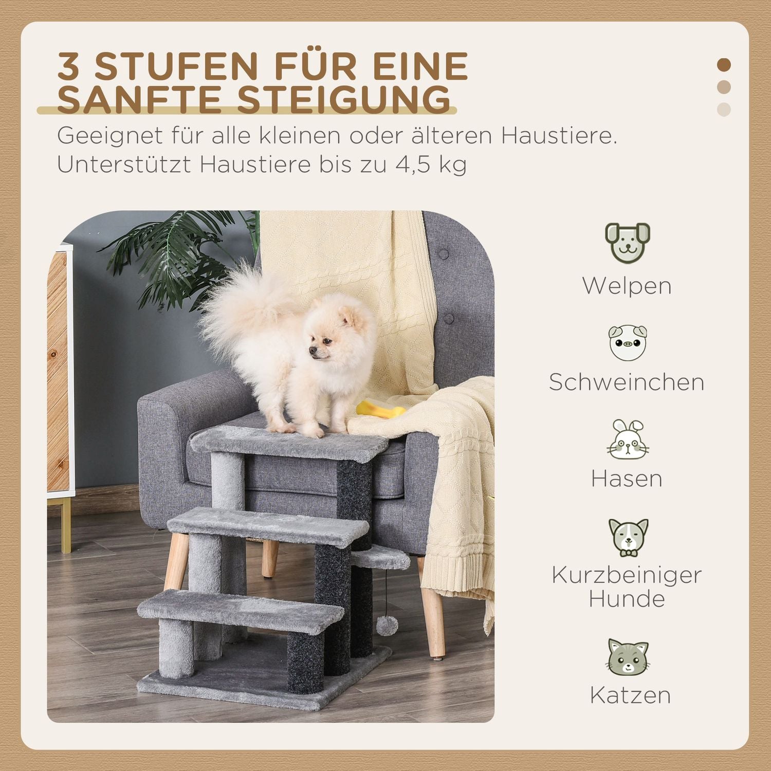 Huisdierentrap, 3 treden met speelbal, pluche grijs 45x40x48cm