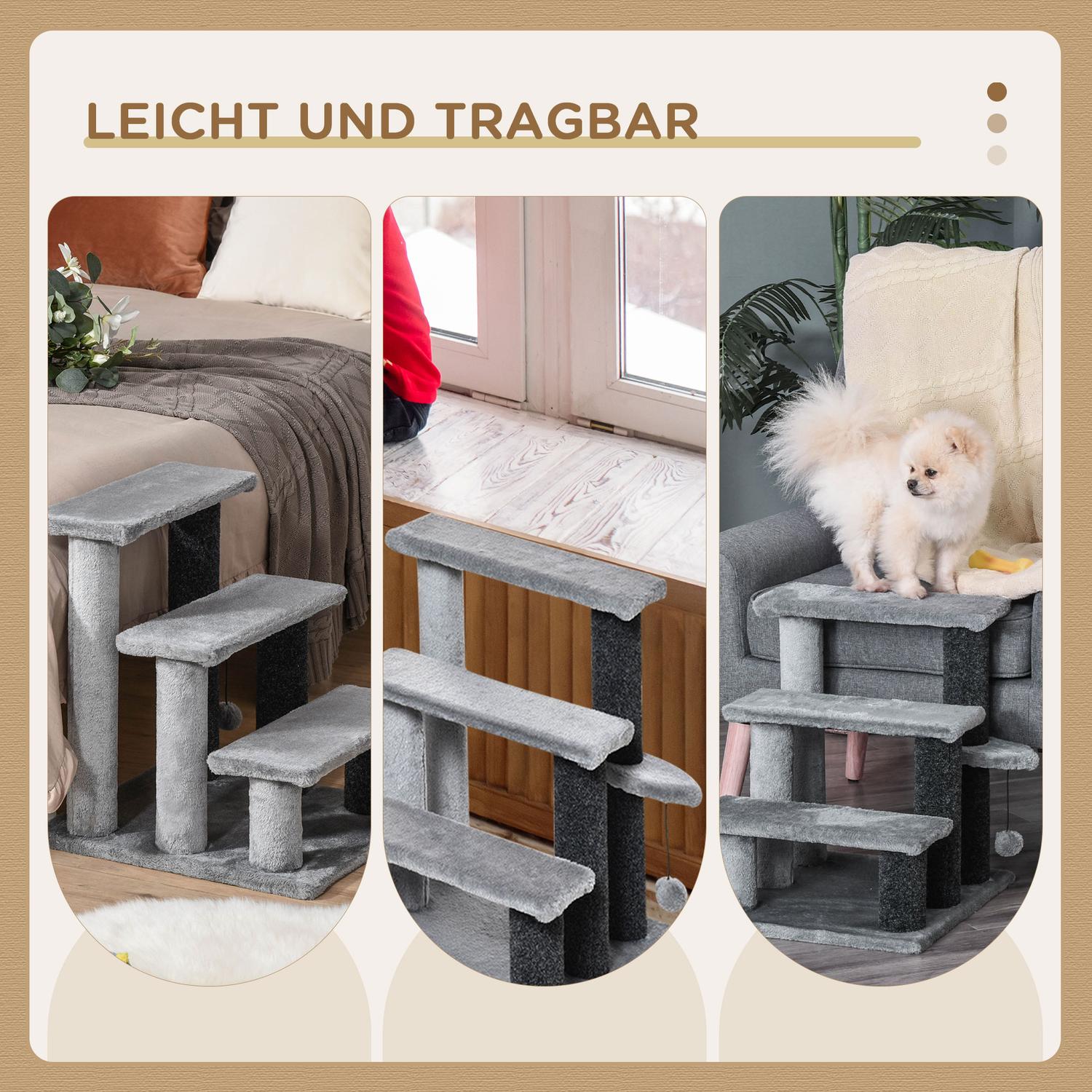 Huisdierentrap, 3 treden met speelbal, pluche grijs 45x40x48cm