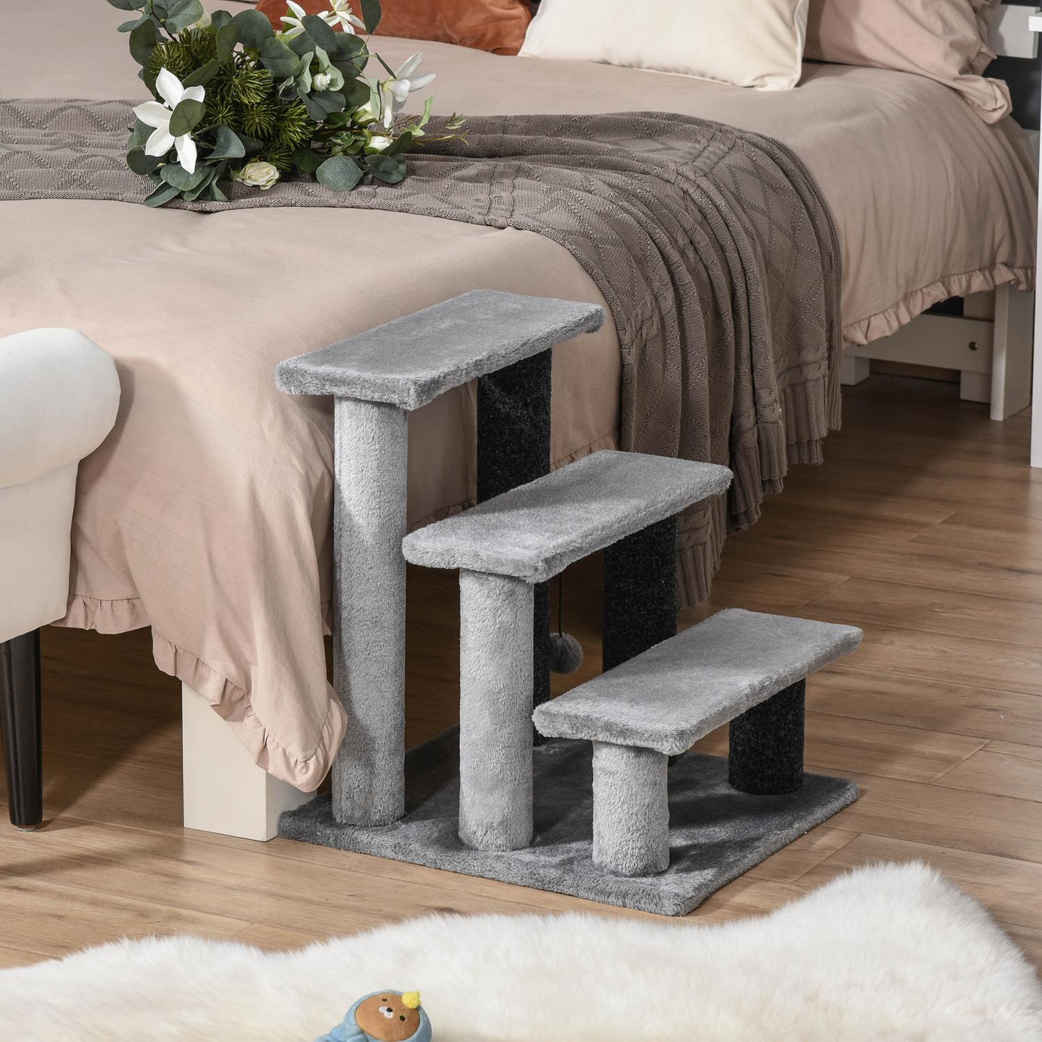 Huisdierentrap, 3 treden met speelbal, pluche grijs 45x40x48cm