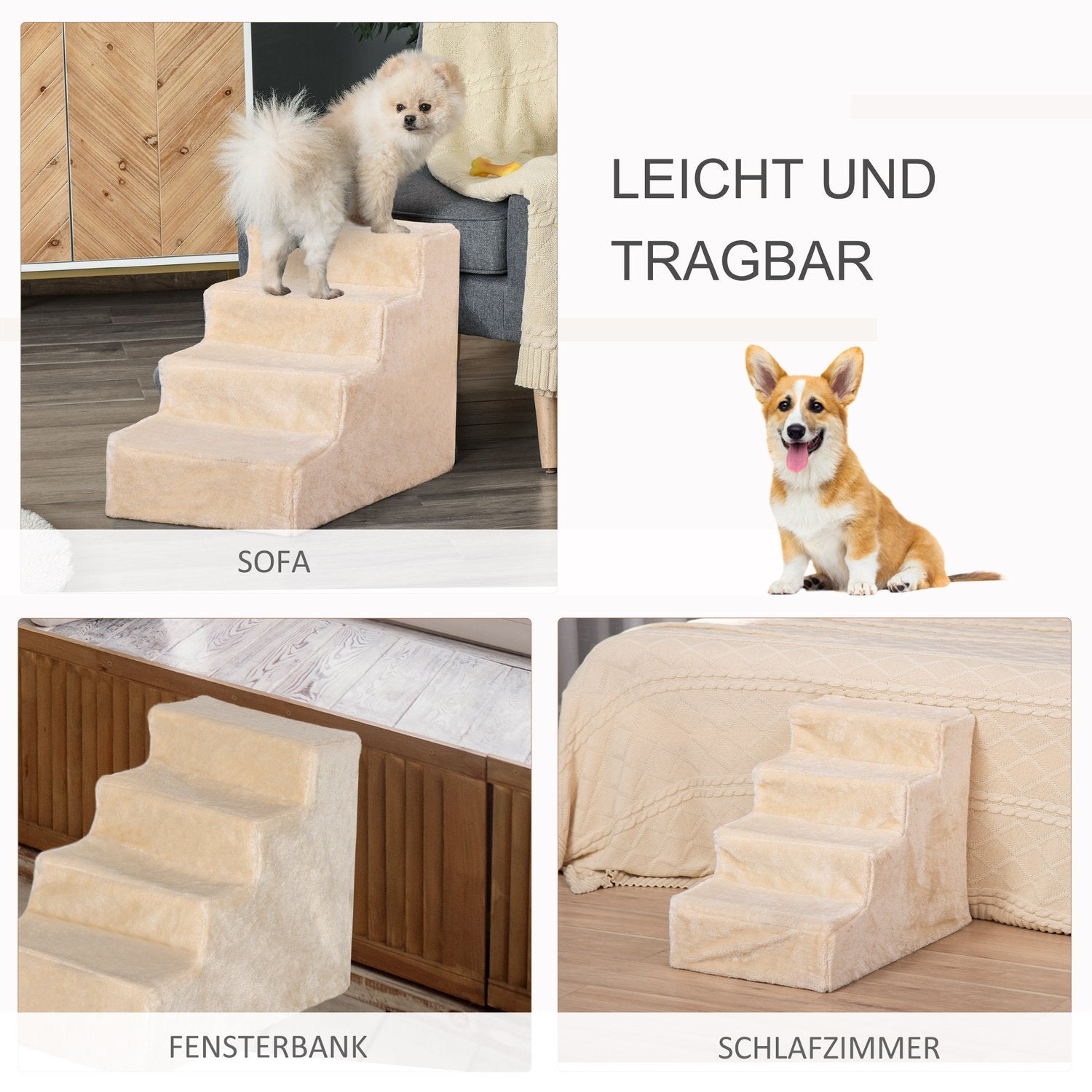 Husdjurstrappa, 4-stegs ramp med avtagbar kåpa, beige
