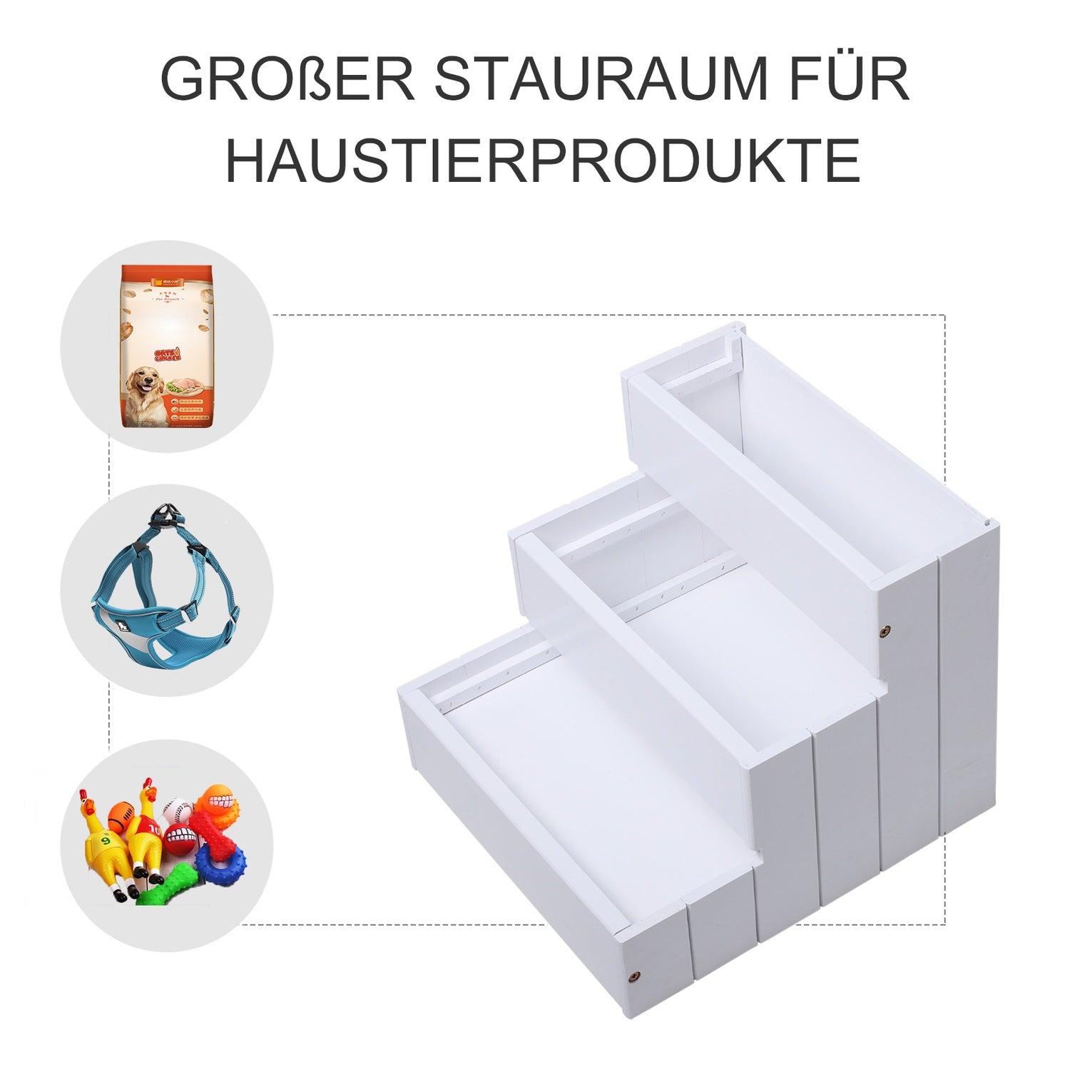 Huisdierentrap met tapijt & opbergruimte, grenen, wit
