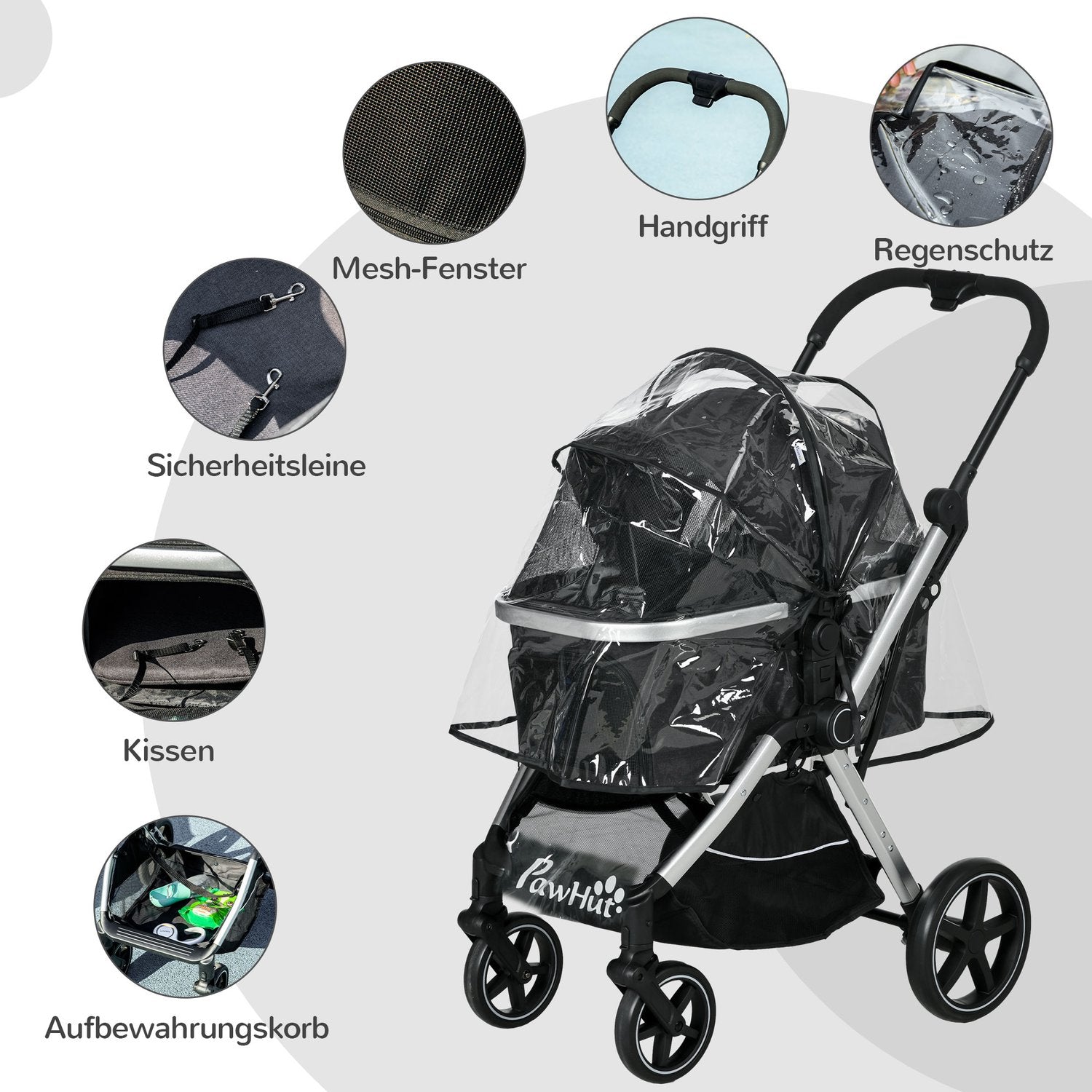 Huisdierenwagen honden-/kattenbuggy, veiligheidsriem, regenhoes