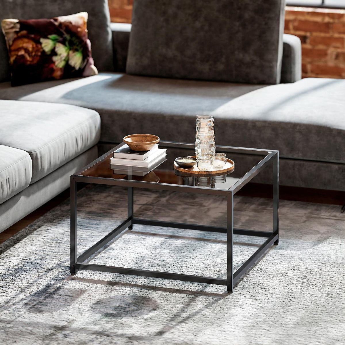 Industriële salontafel, gehard glas & staal, 68x68 cm