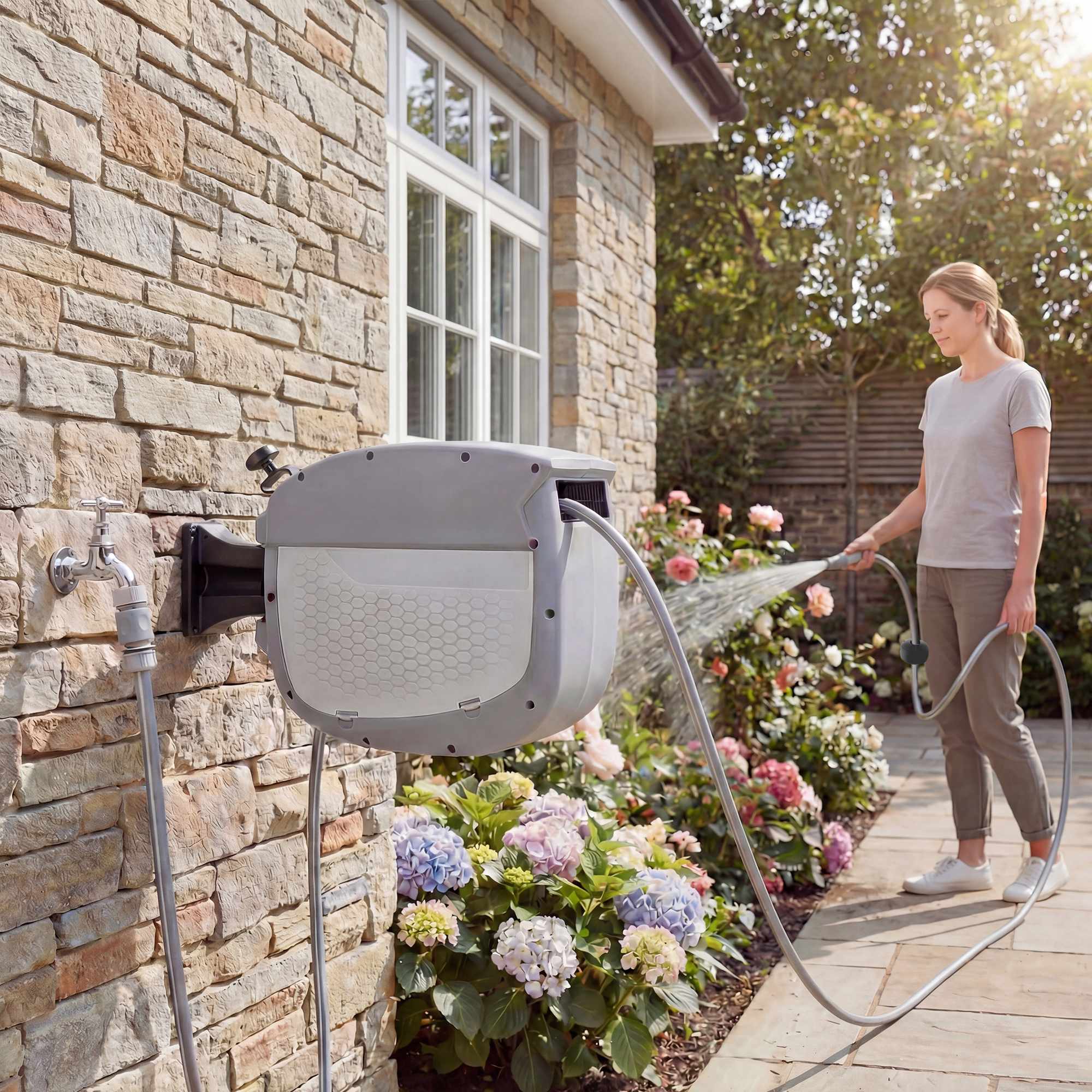 Infällbar trädgårdsslangvinda med väggfäste, 20 m slang