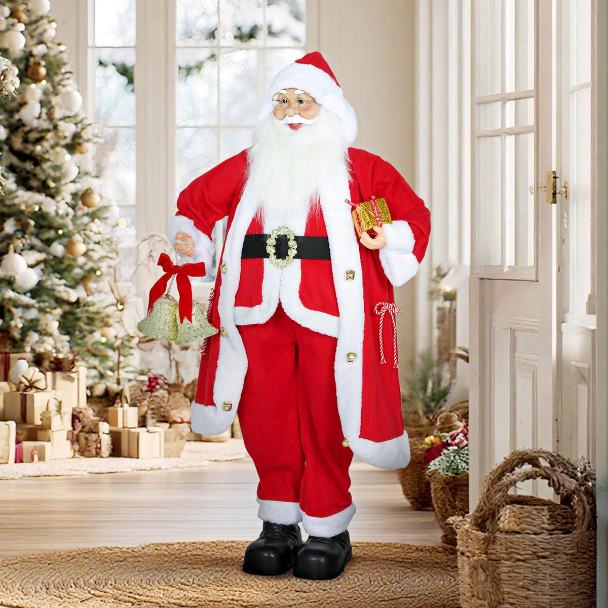 Kerstmanfiguur van 1,15 m met cadeau en bel, voor gebruik binnenshuis