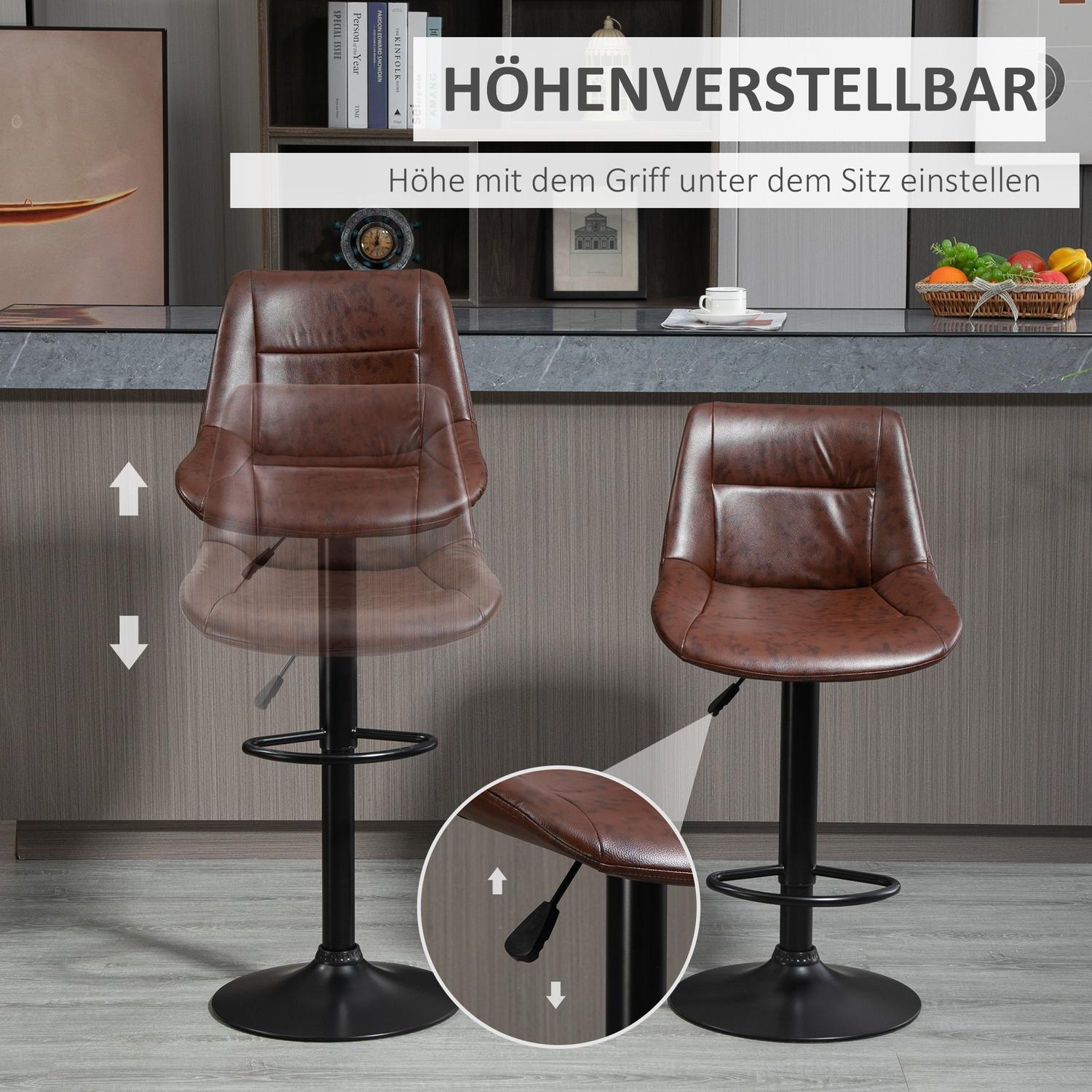 Verstelbare barkrukken van bruin kunstleer met rugleuning, set van 2