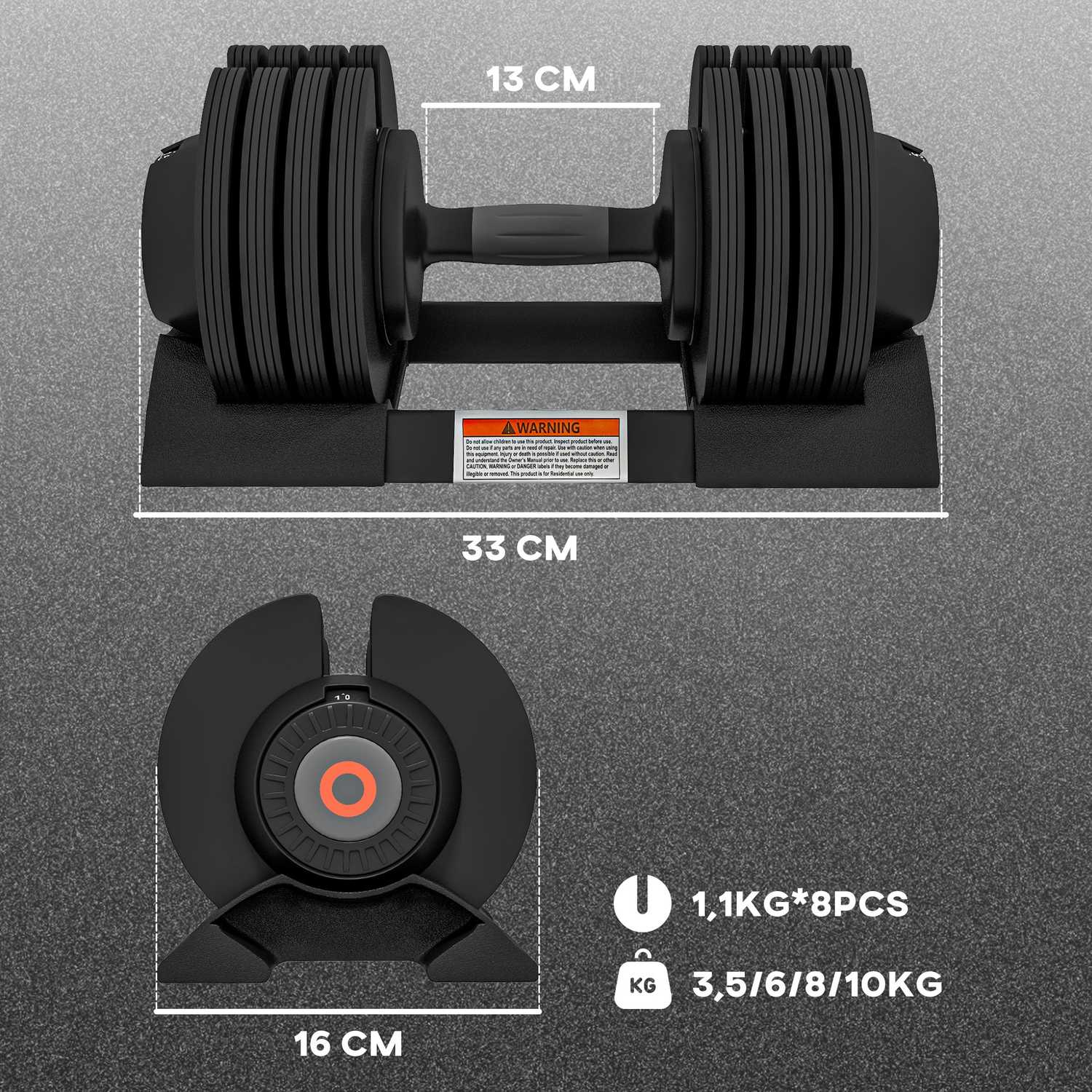 Verstelbare dumbbells met antislip handvatten, bereik 3,5-10 kg
