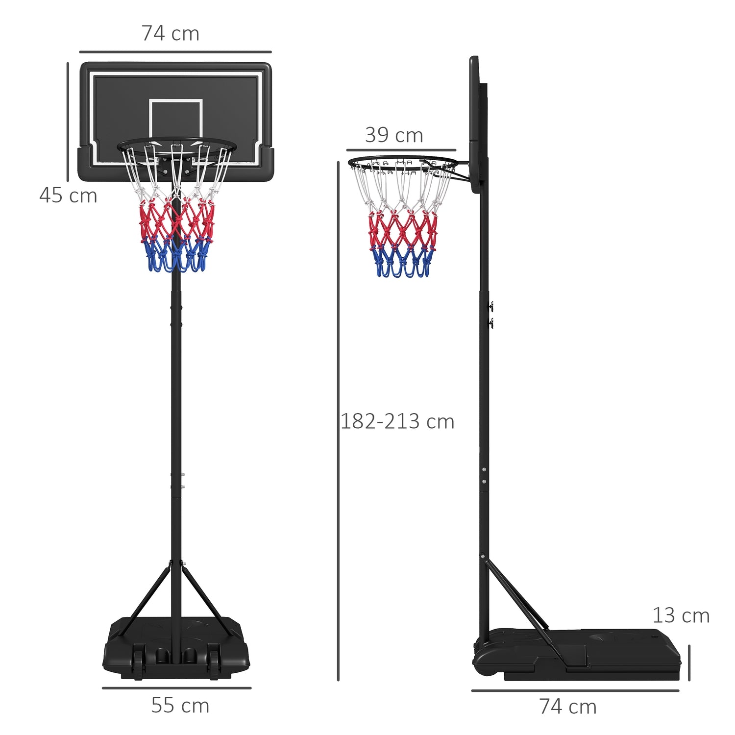 Verstelbare basketbalring met standaard en wielen, 220-250 cm