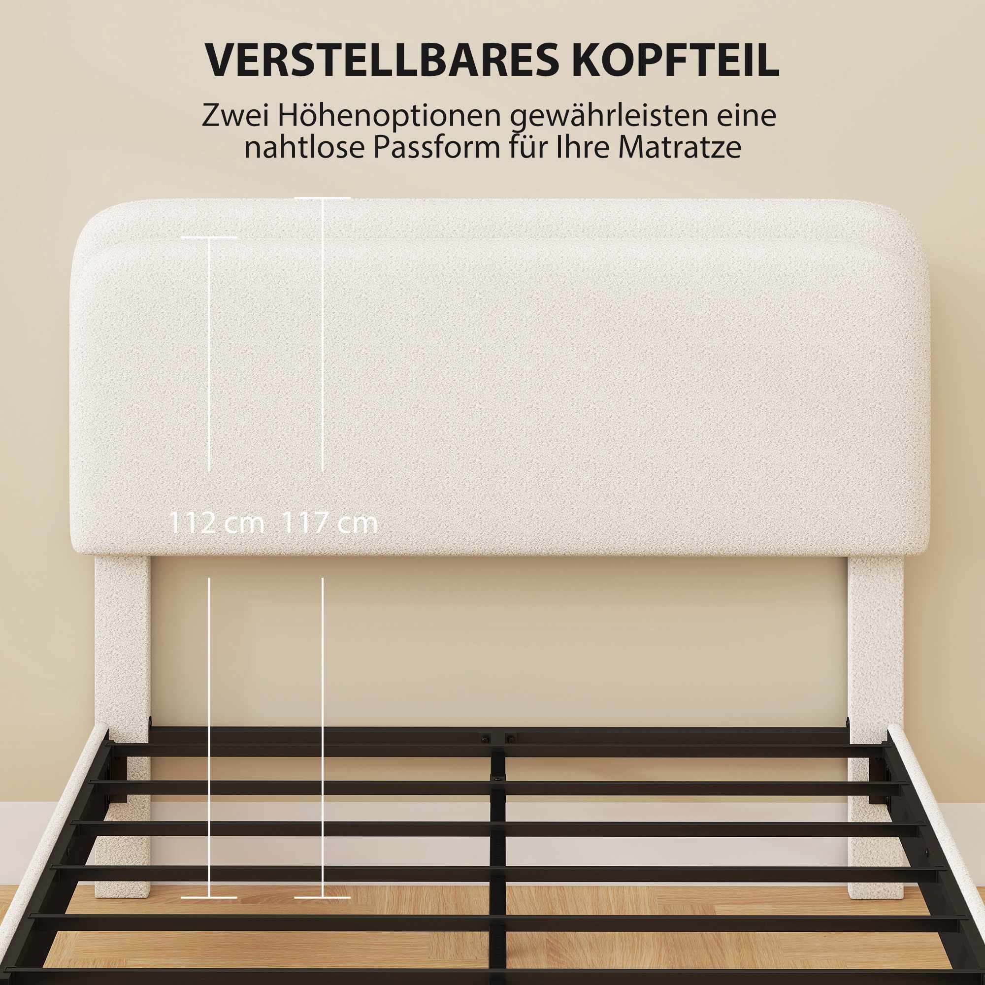 Justerbar dubbelsängram med huvudgavel i teddyfleece