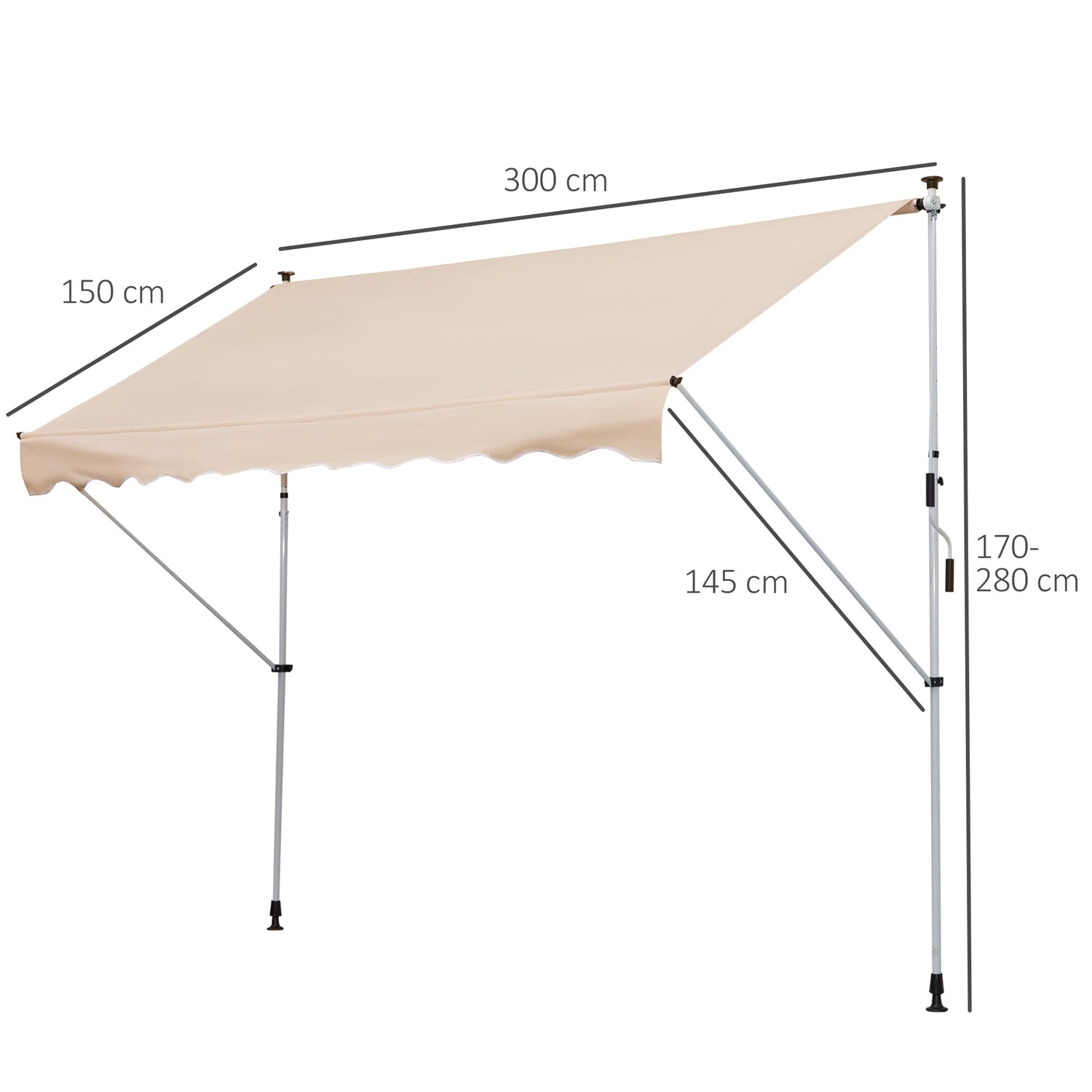 Verstelbare knikarmscherm van aluminium, 300 x 150 cm, Beige