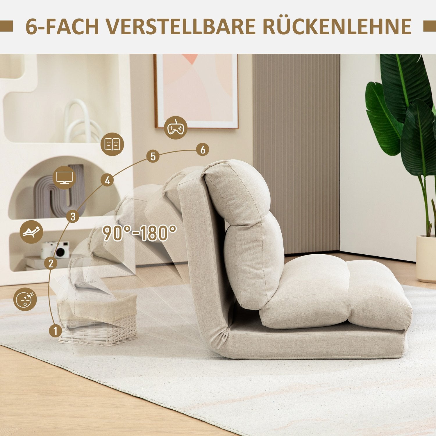 Verstellbarer klappbarer Bodenstuhl, Bettfunktion, Leinenoptik, braun