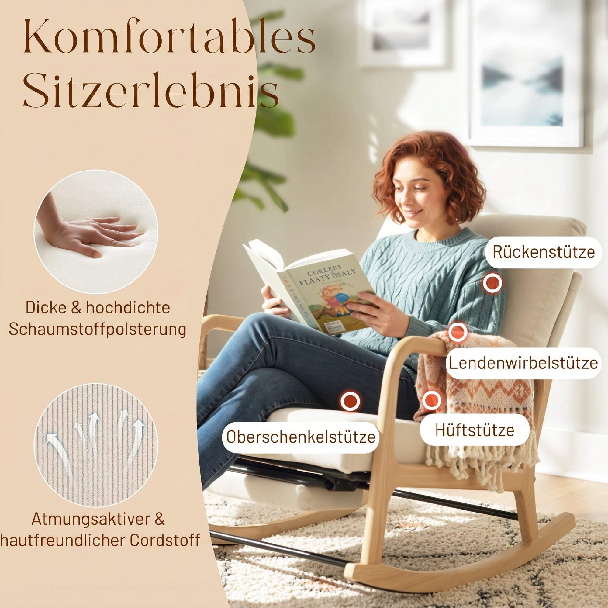Justerbar gungstol med fotstöd, beige manchester