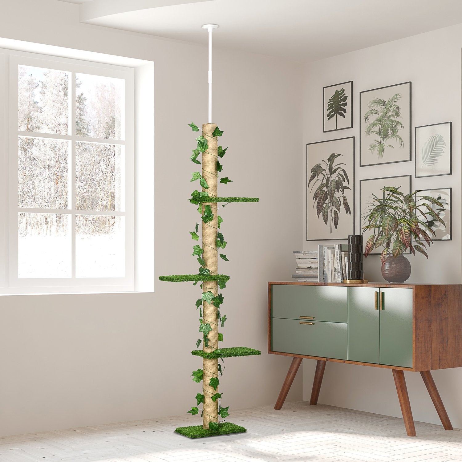 Justerbar jute kattträd, takhöjd 202-242 cm, grön/gul