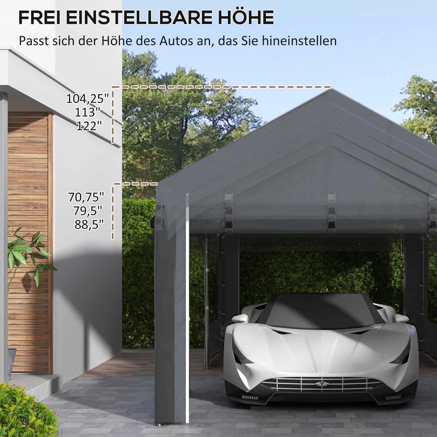 Verstelbare carport luifel van staal met gaasramen, donkergrijs